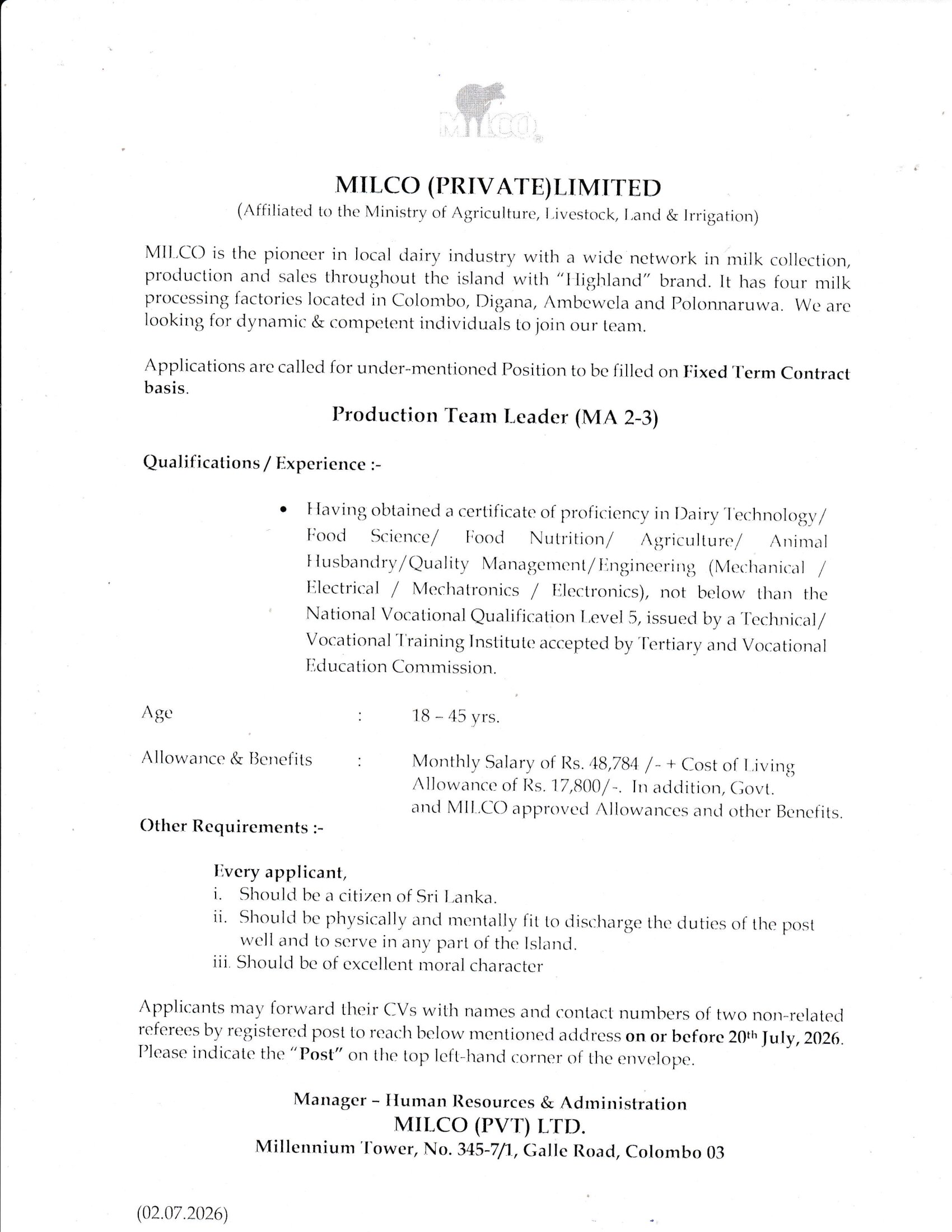 Management Trainee (Marketing & Sales), Production Team Leader, Engineering Assistant, Lab Analyst - Milco (Private) Limited