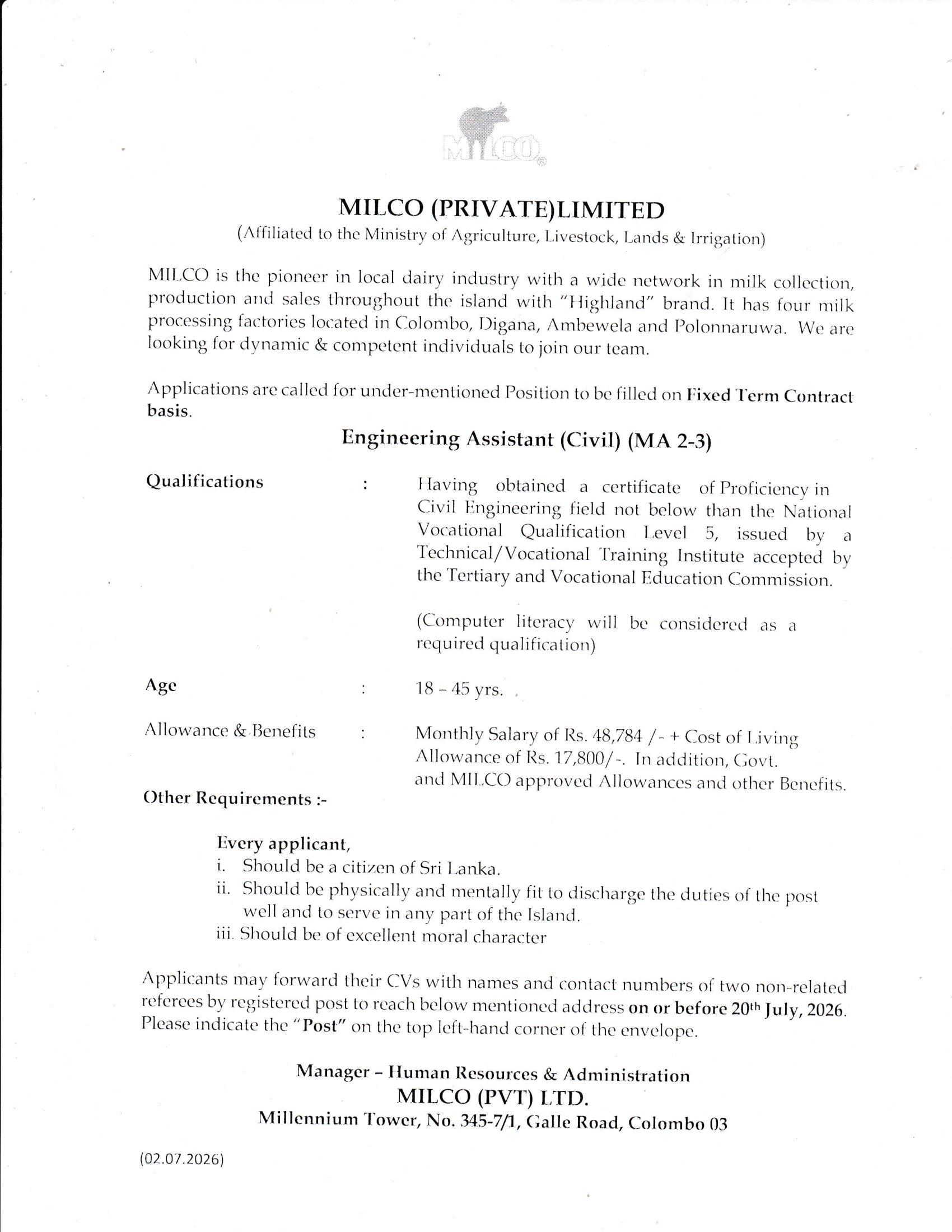 Management Trainee (Marketing & Sales), Production Team Leader, Engineering Assistant, Lab Analyst - Milco (Private) Limited