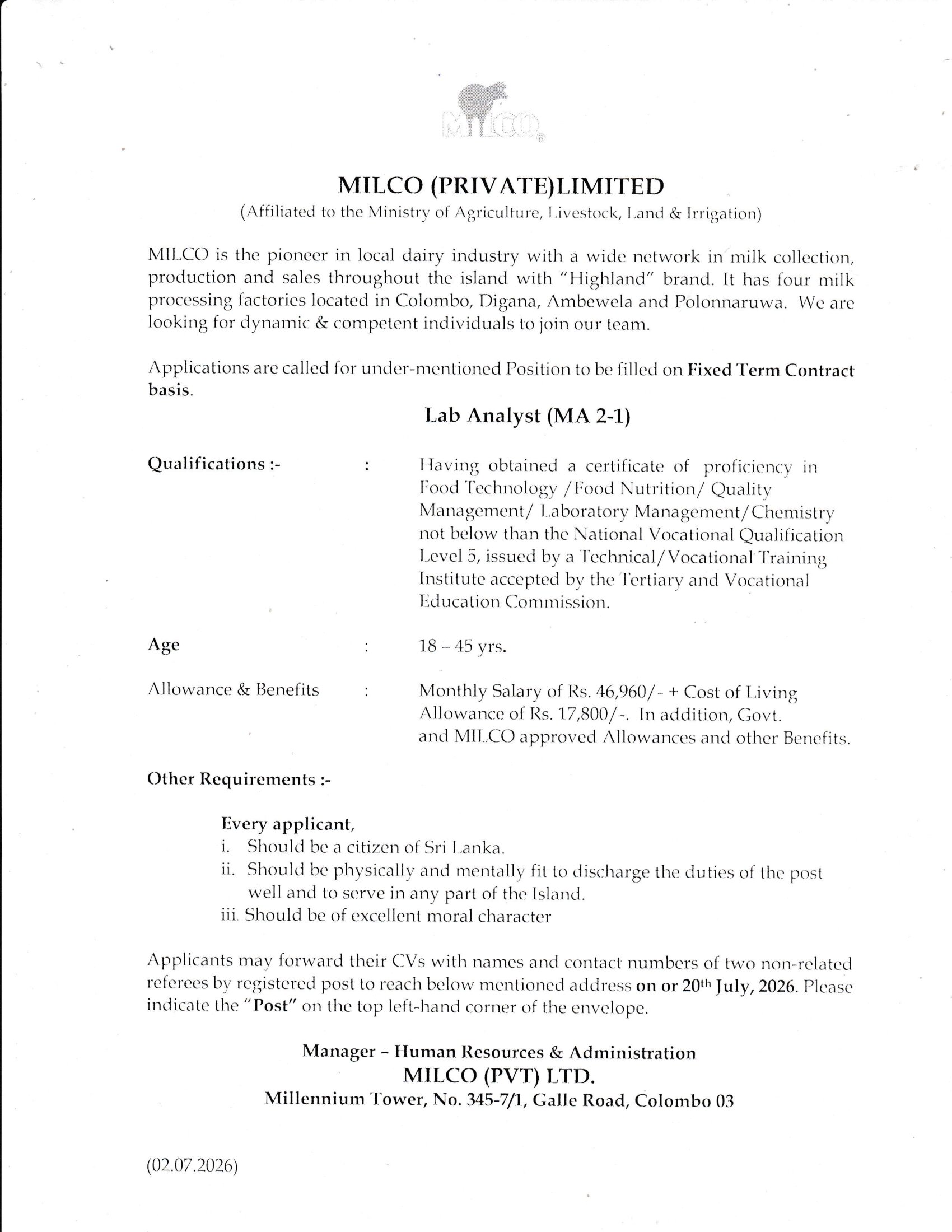 Management Trainee (Marketing & Sales), Production Team Leader, Engineering Assistant, Lab Analyst - Milco (Private) Limited