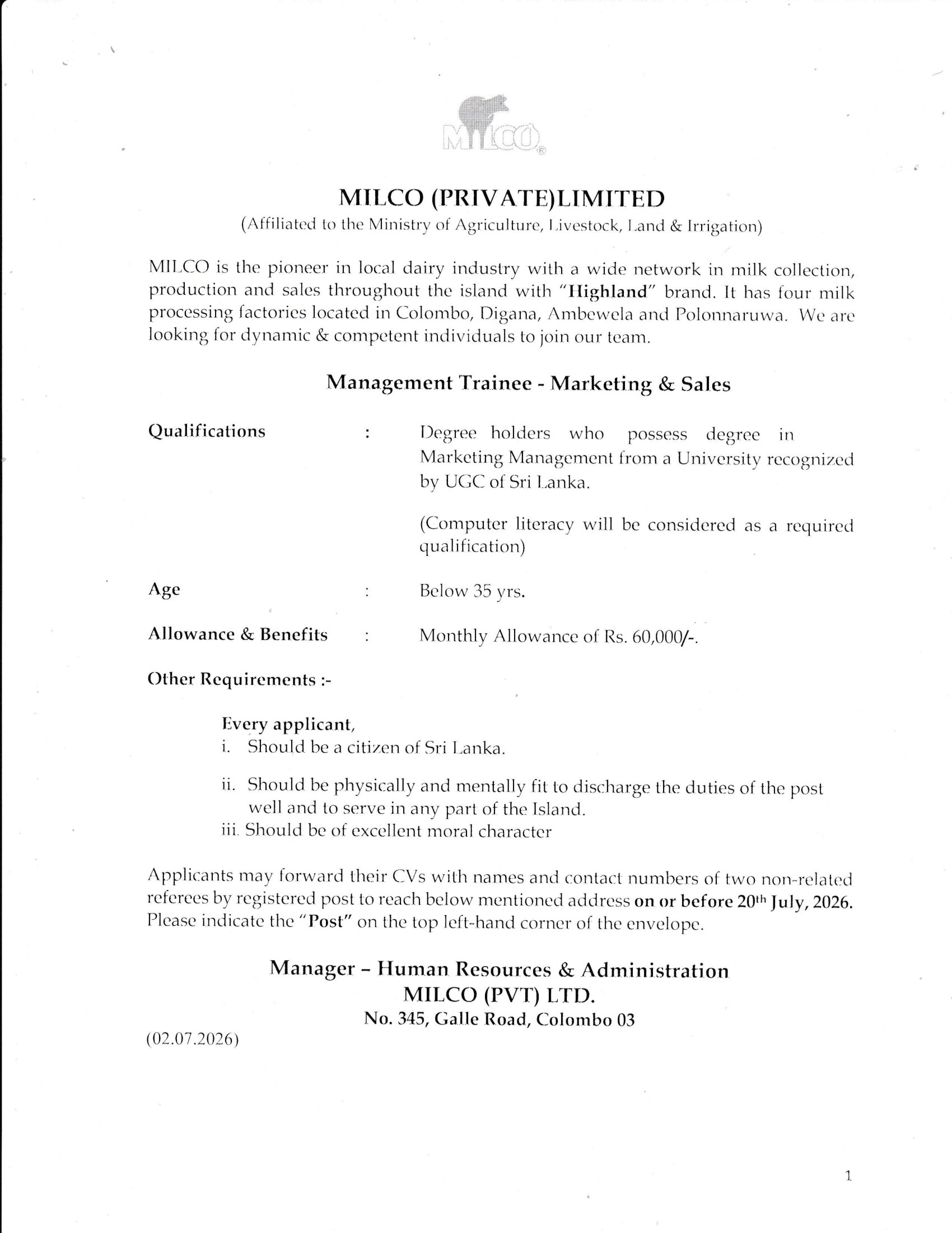 Management Trainee (Marketing & Sales), Production Team Leader, Engineering Assistant, Lab Analyst - Milco (Private) Limited