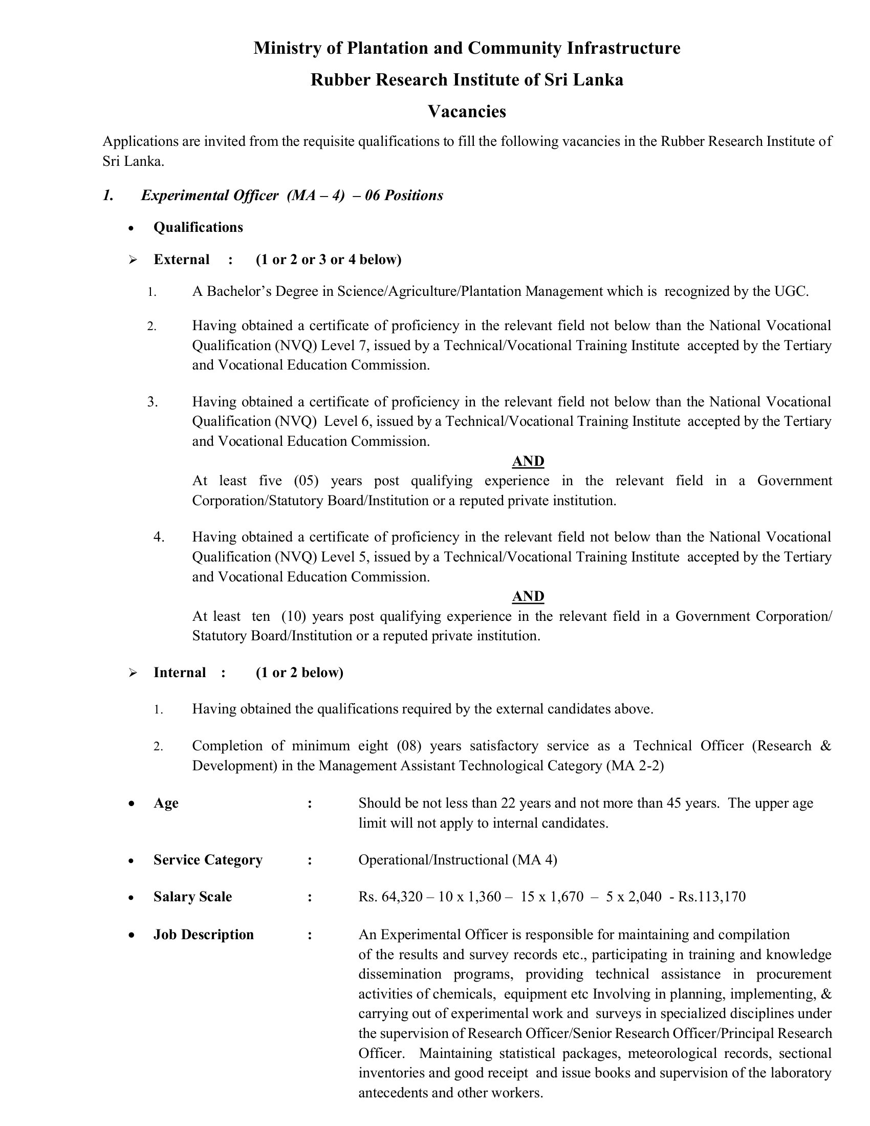 Experimental Officer, Field Officer - Rubber Research Institute of Sri Lanka