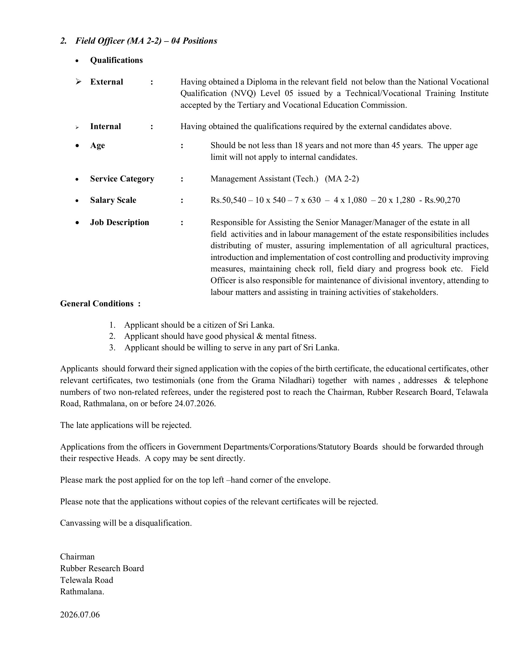 Experimental Officer, Field Officer - Rubber Research Institute of Sri Lanka