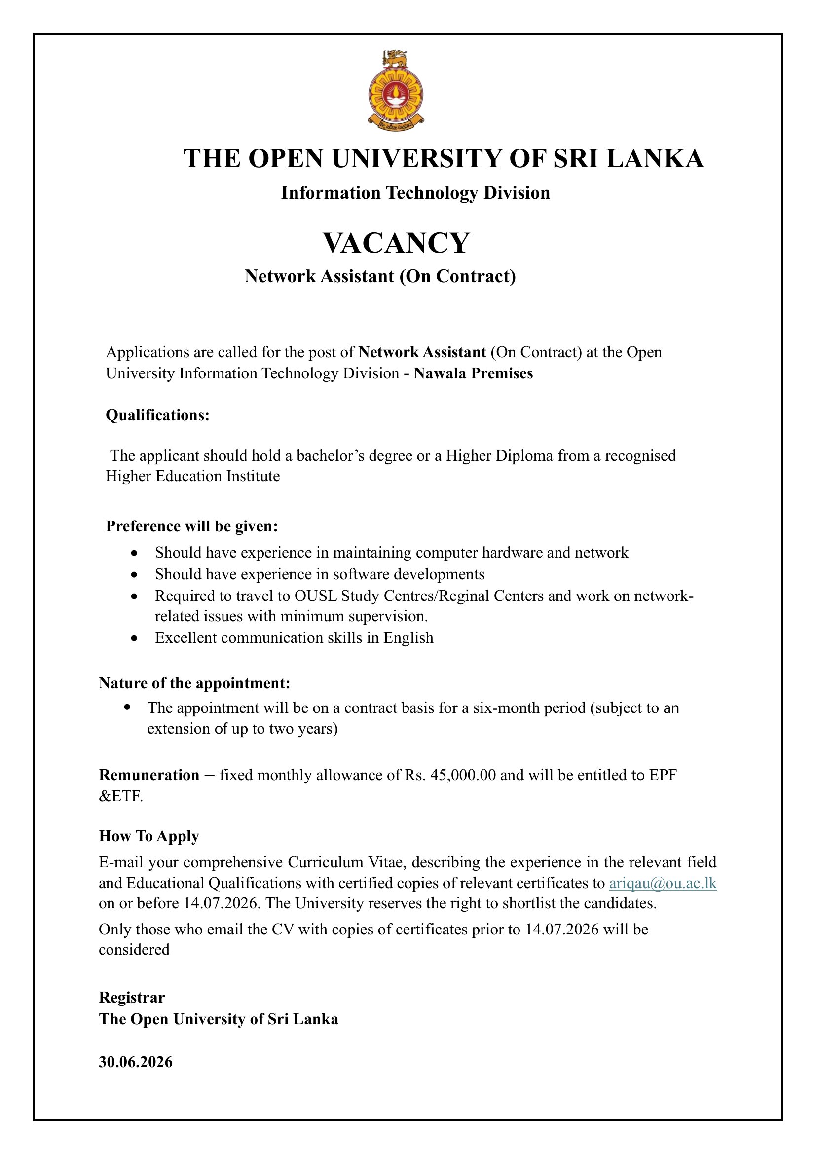 Network Assistant - The Open University of Sri Lanka