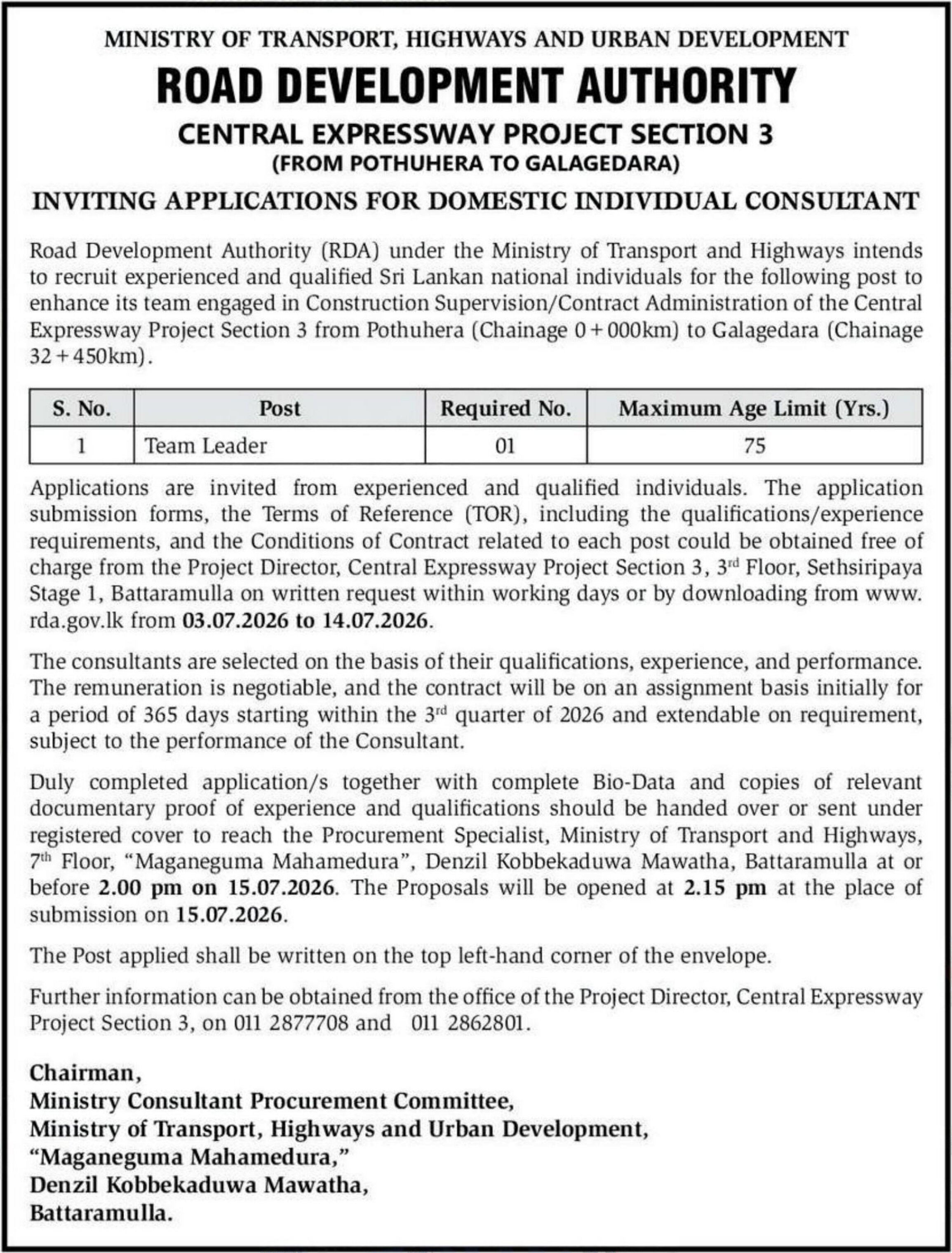Team Leader - Road Development Authority