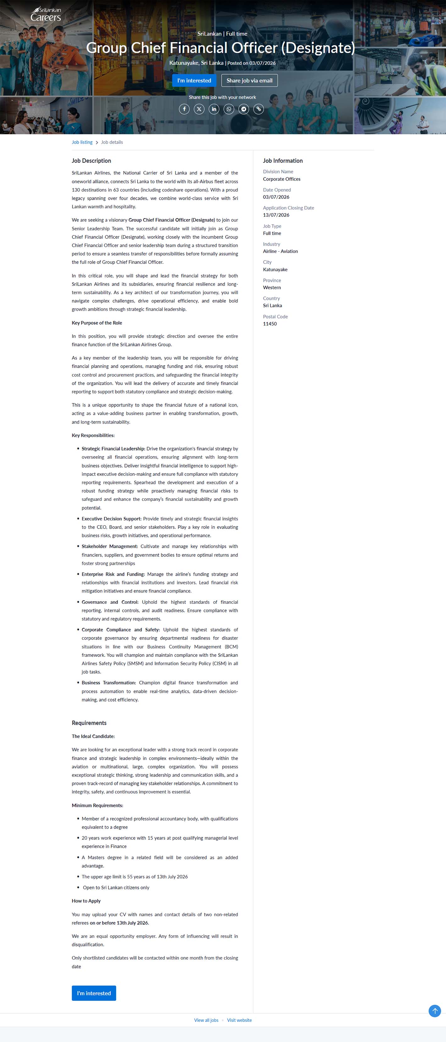 Group Chief Financial Officer (Designate) - SriLankan Airlines Limited