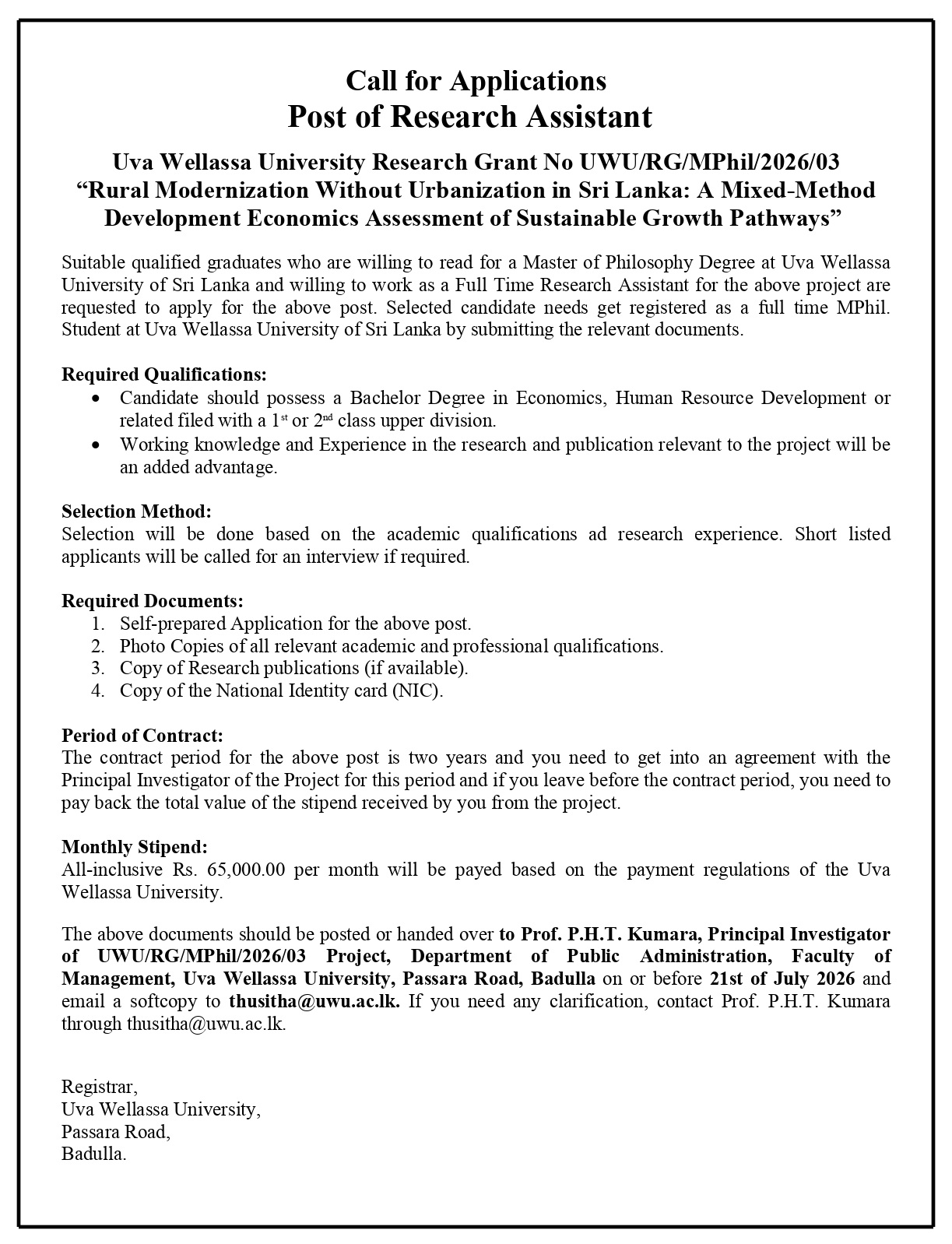 Research Assistant - Uva Wellassa University