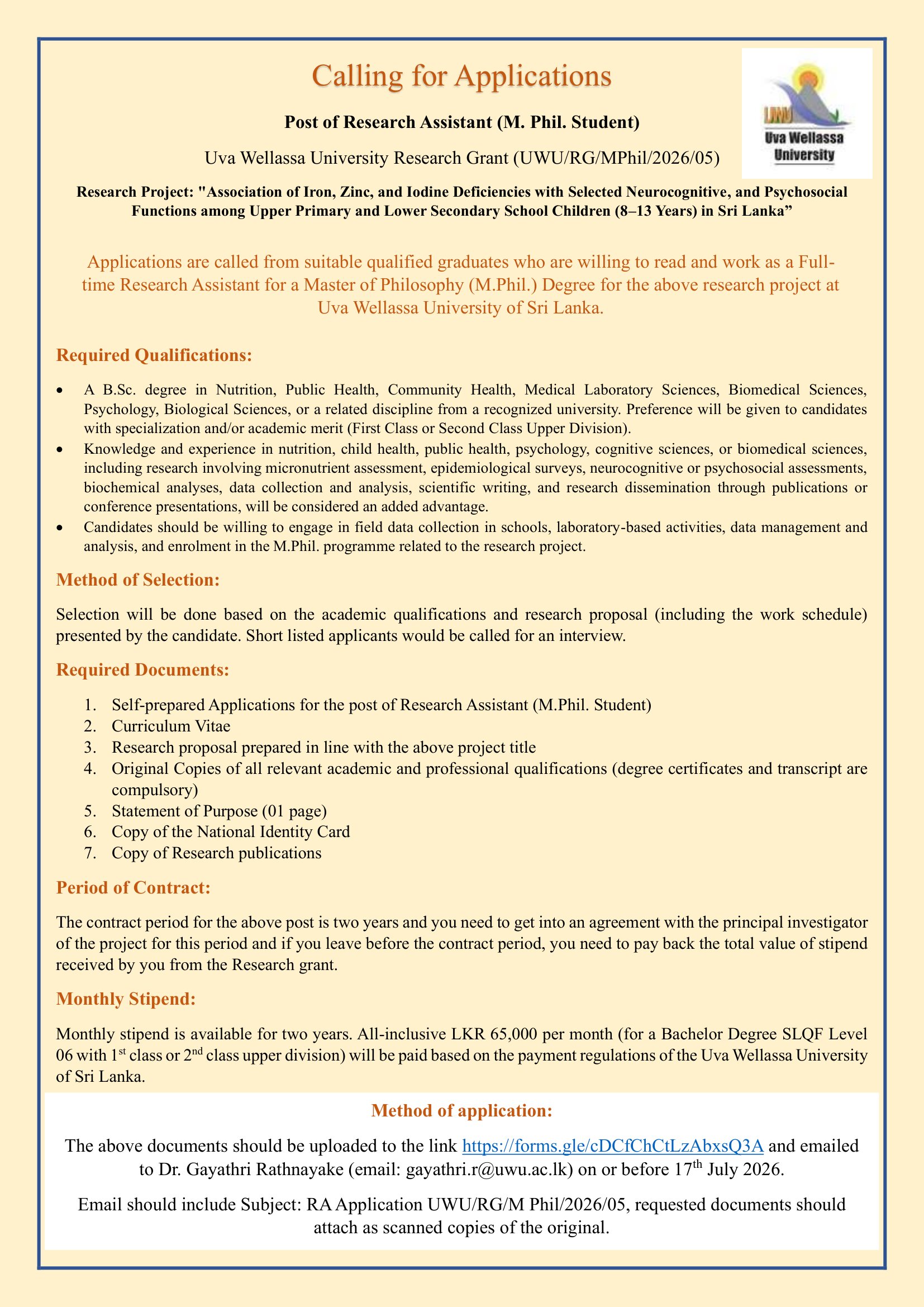 Research Assistant - Uva Wellassa University