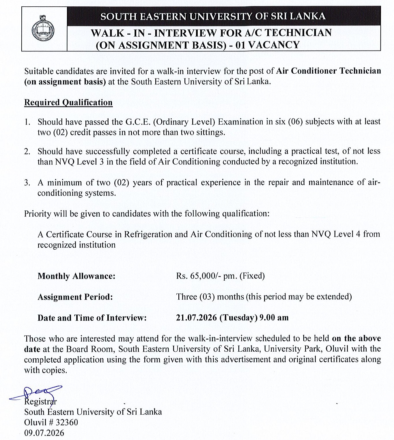 Air Conditioner Technician - South Eastern University of Sri Lanka