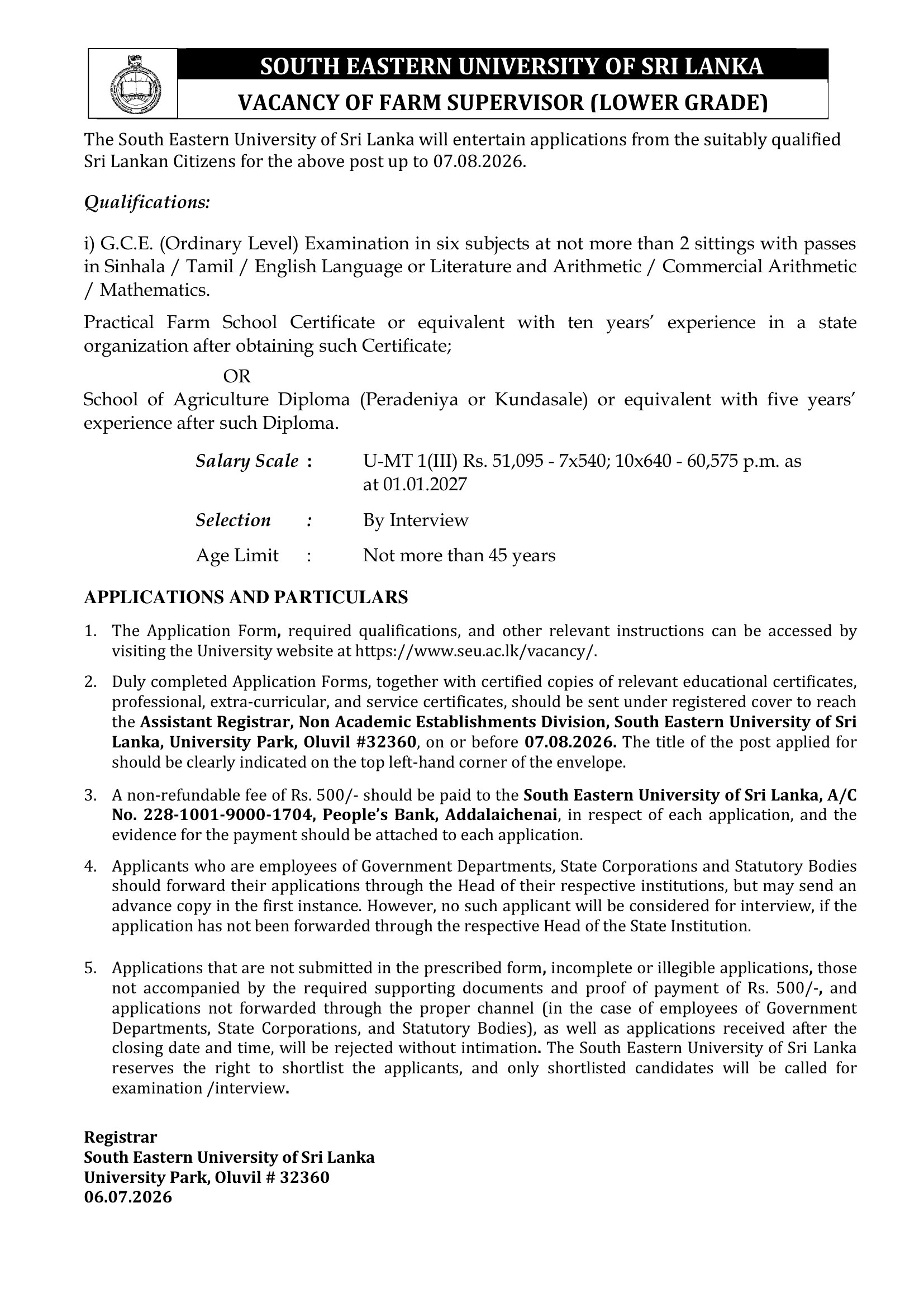 Farm Supervisor - South Eastern University of Sri Lanka