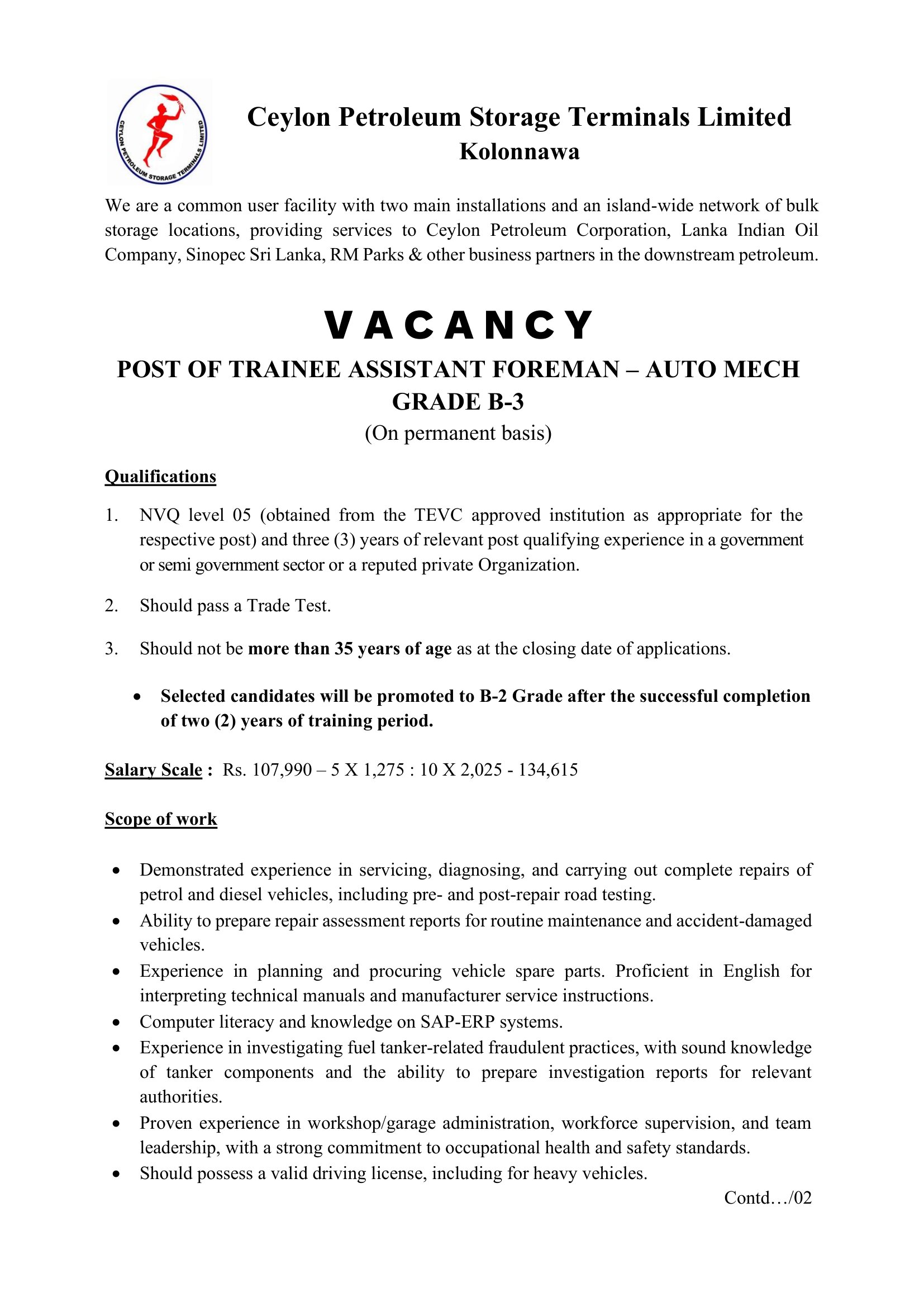  Trainee Assistant Foreman, Trainee Tank Farm Operator - Ceylon Petroleum Storage Terminals Limited