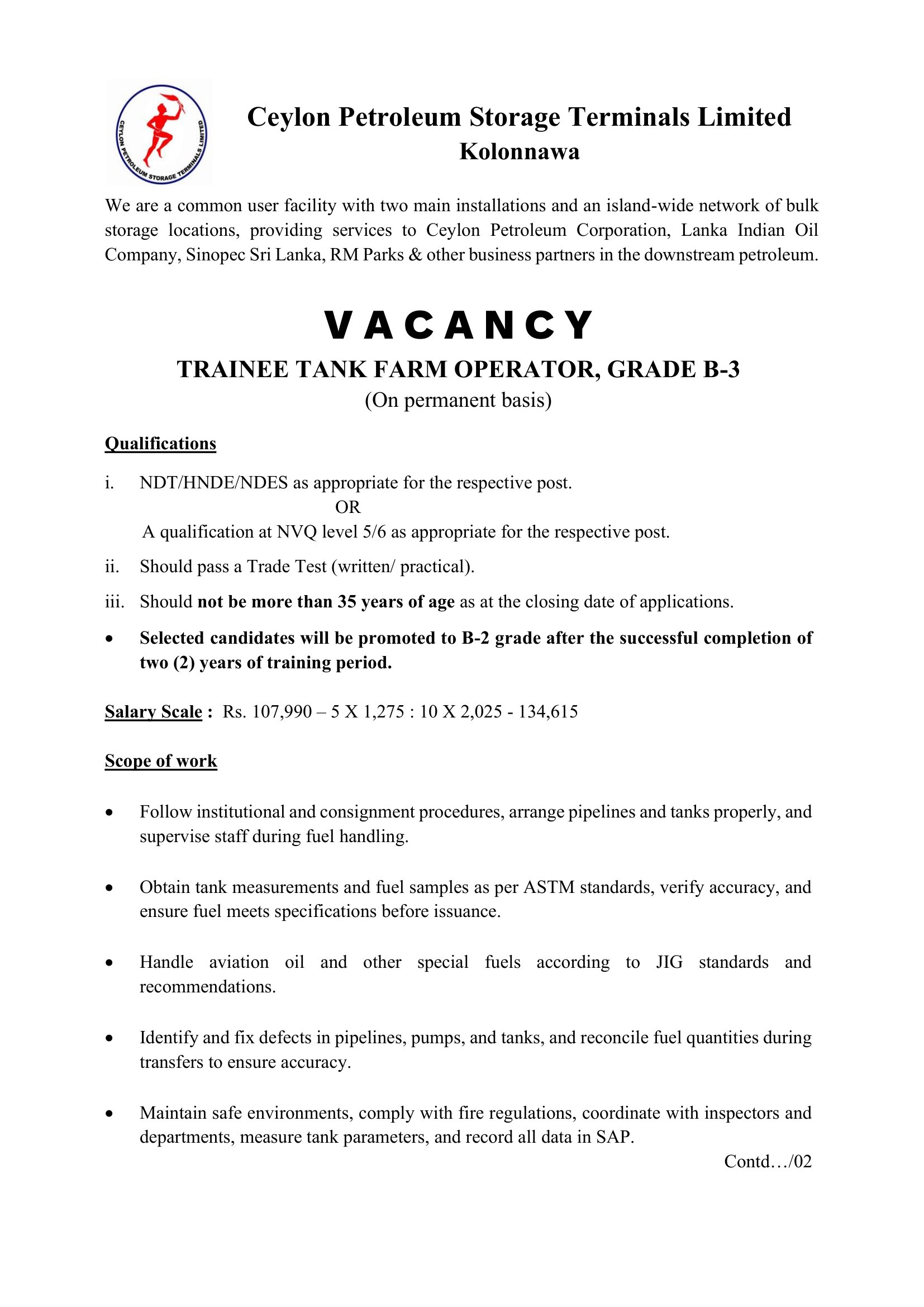  Trainee Assistant Foreman, Trainee Tank Farm Operator - Ceylon Petroleum Storage Terminals Limited