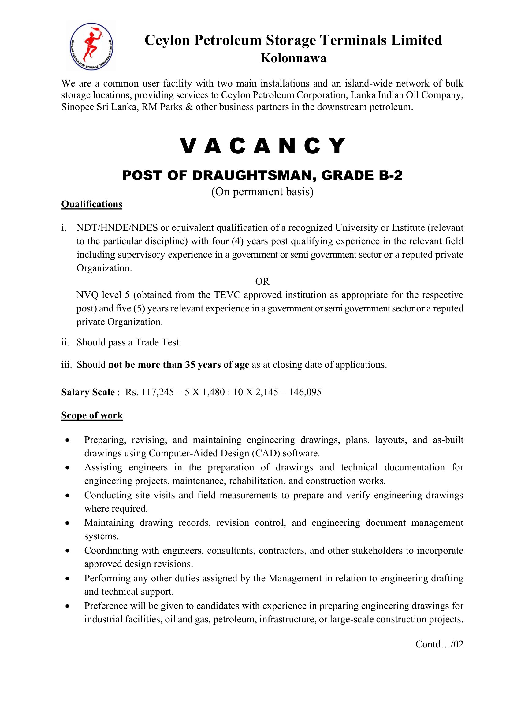 Draughtsman, Inspection Officer - Ceylon Petroleum Storage Terminals Limited