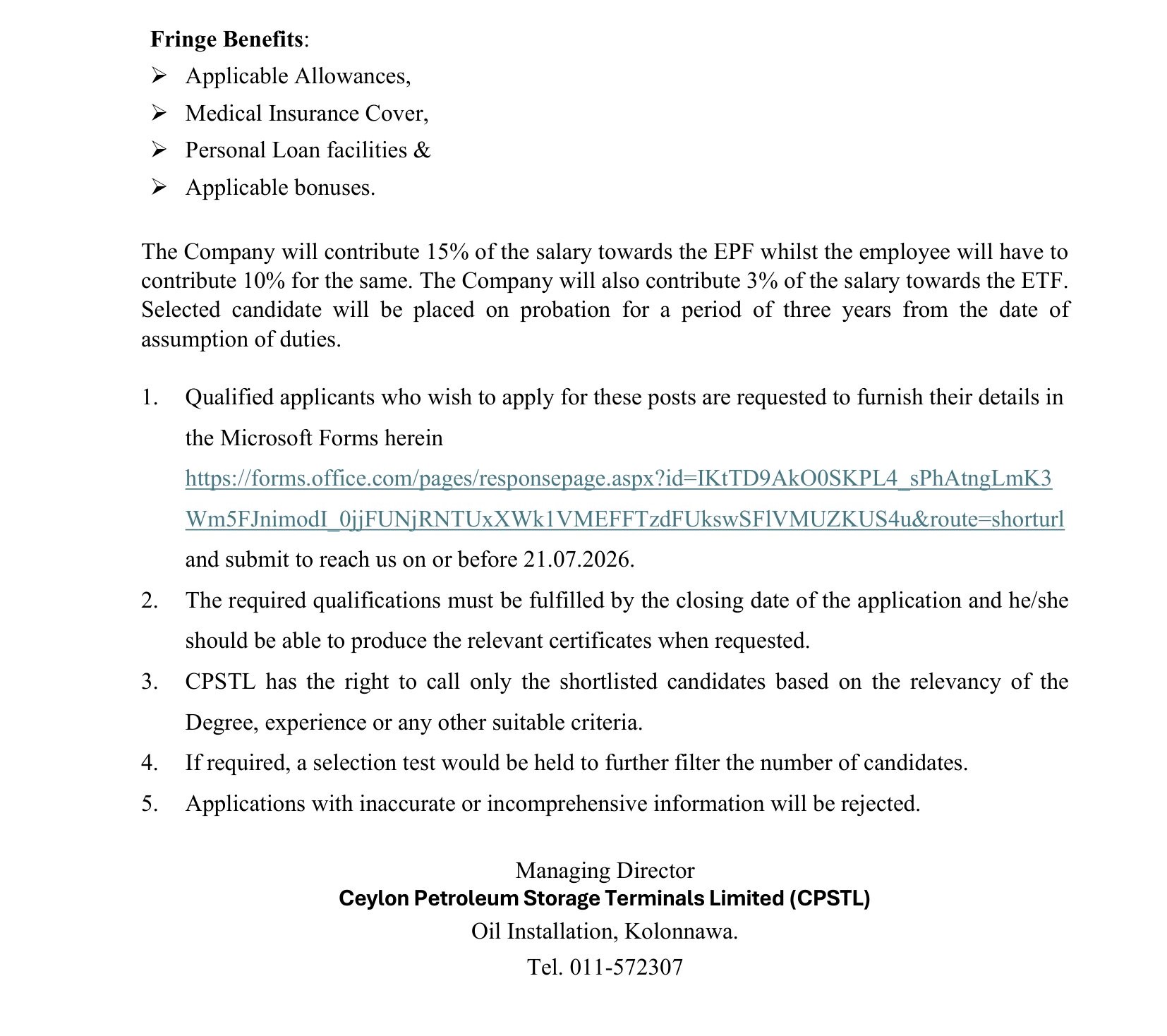 Draughtsman, Inspection Officer - Ceylon Petroleum Storage Terminals Limited
