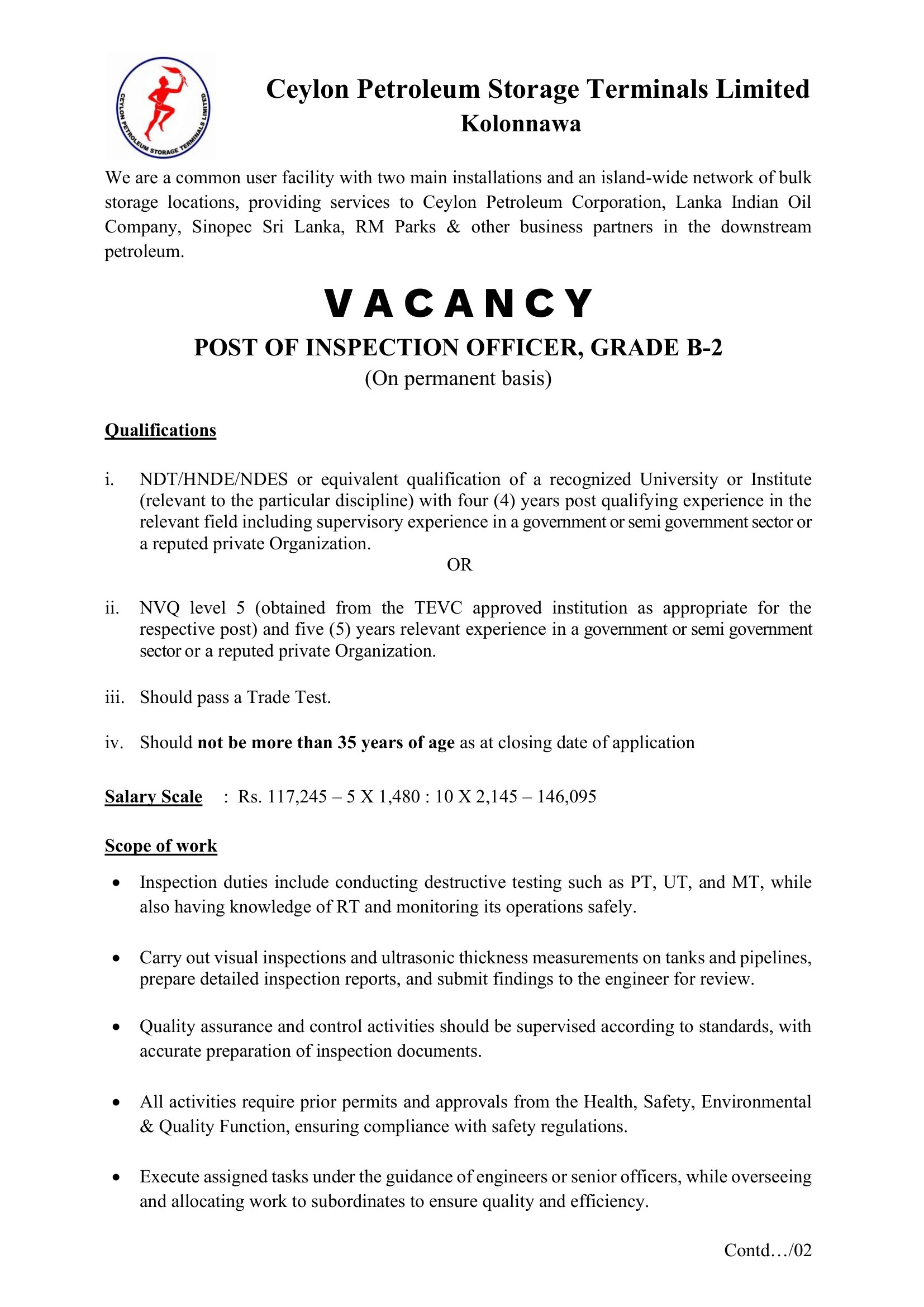 Draughtsman, Inspection Officer - Ceylon Petroleum Storage Terminals Limited