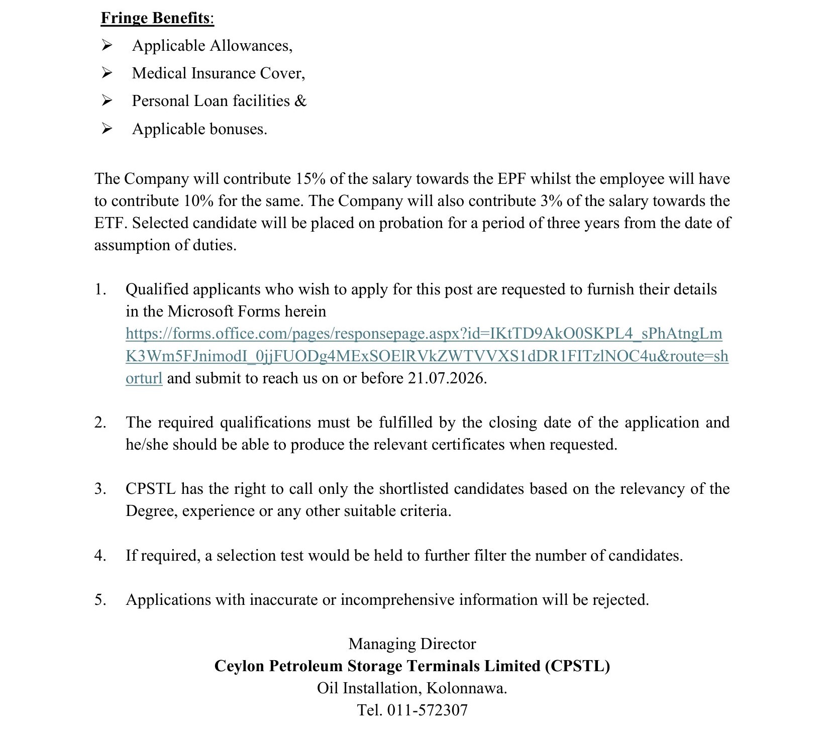Draughtsman, Inspection Officer - Ceylon Petroleum Storage Terminals Limited