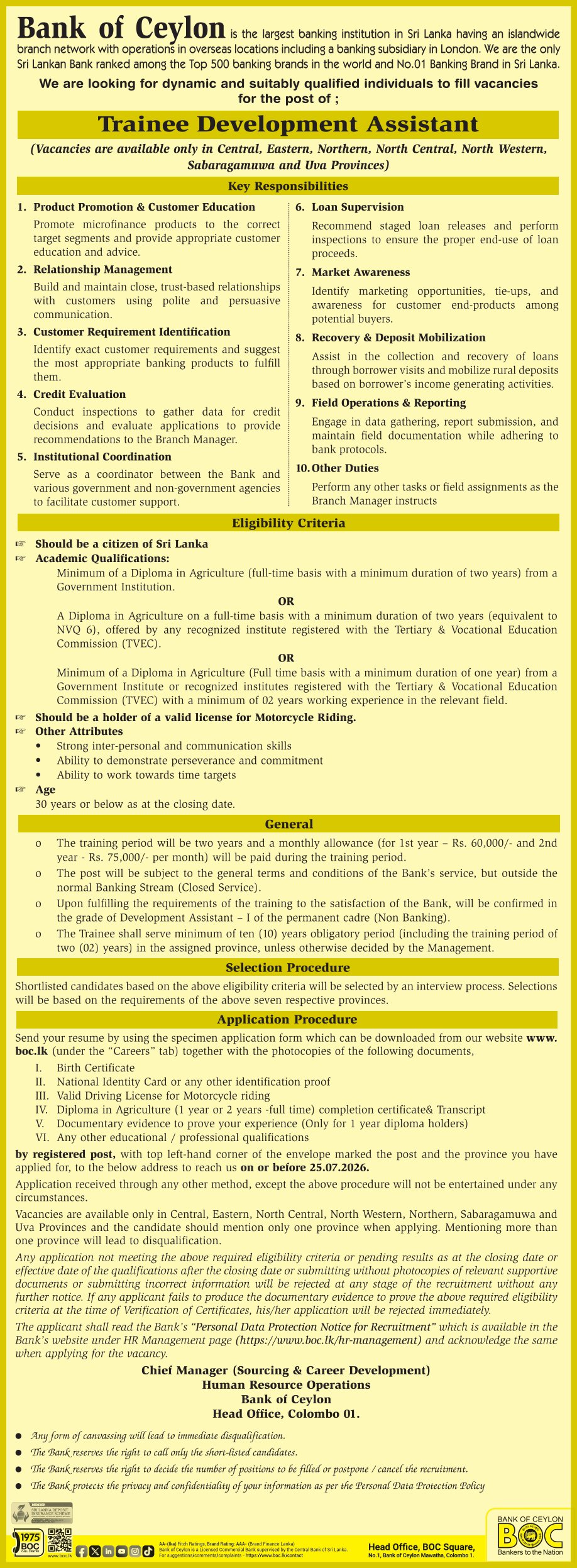Trainee Development Assistant - Bank of Ceylon