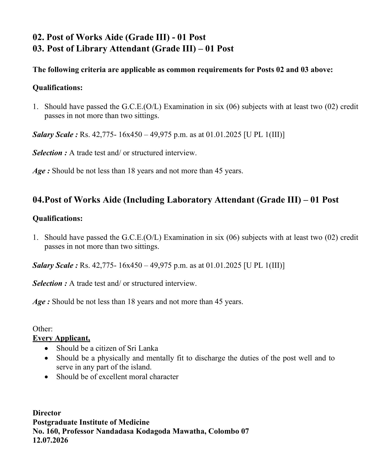 Management Assistant, Works Aide, Library Attendant - Postgraduate Institute of Medicine - University of Colombo