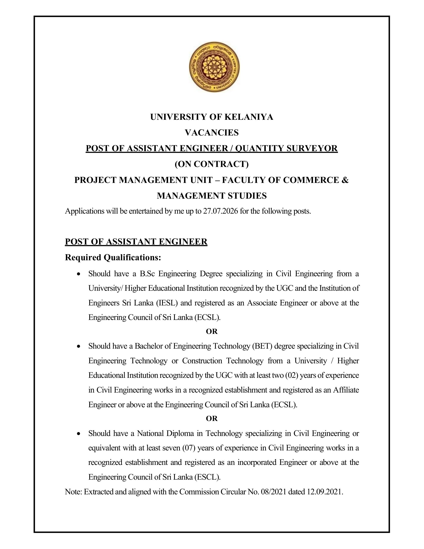 Assistant Engineer, Quantity Surveyor - University of Kelaniya