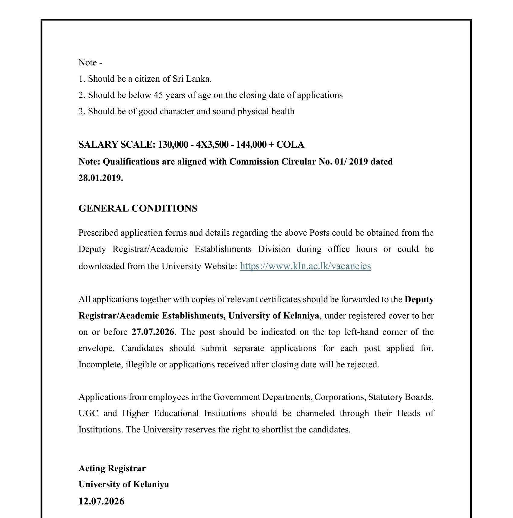 Assistant Engineer, Quantity Surveyor - University of Kelaniya