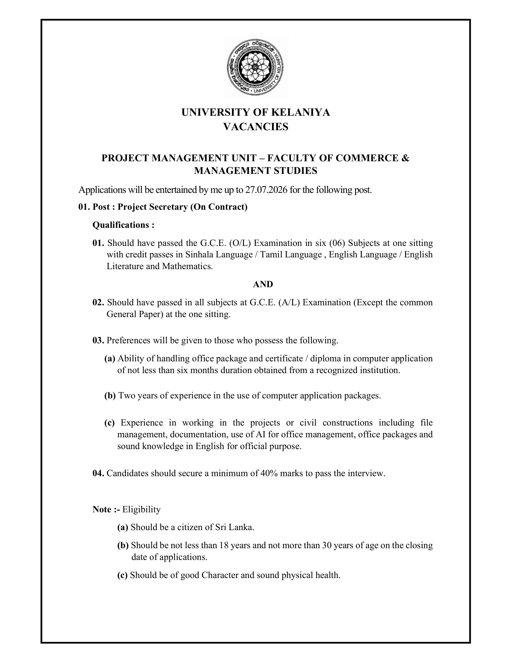 Project Secretary - University of Kelaniya