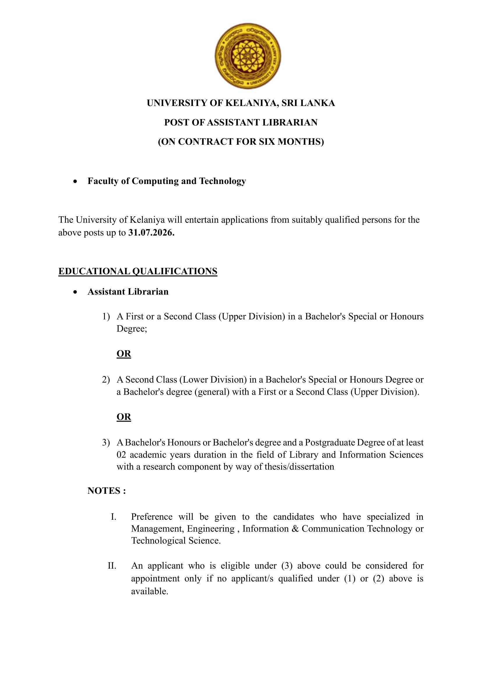 Assistant Librarian - University of Kelaniya