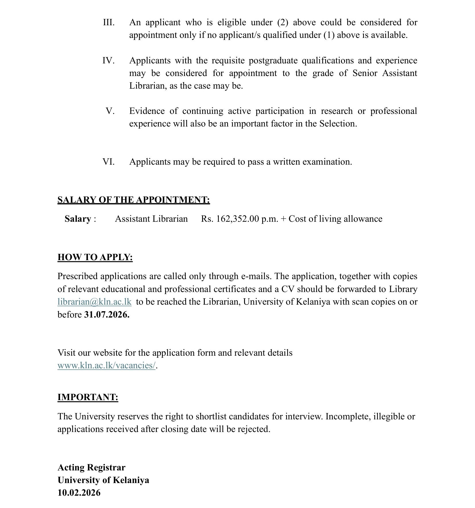 Assistant Librarian - University of Kelaniya