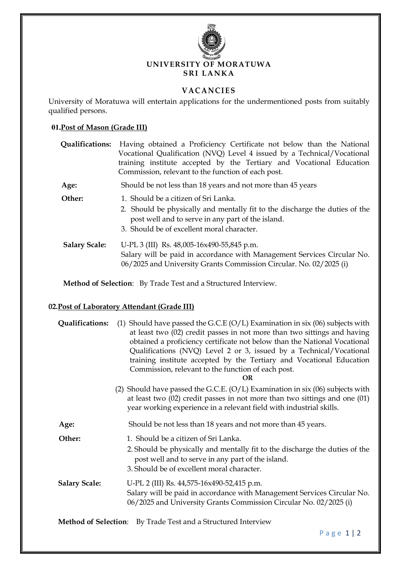 Mason, Laboratory Attendant, Security Guard - University of Moratuwa