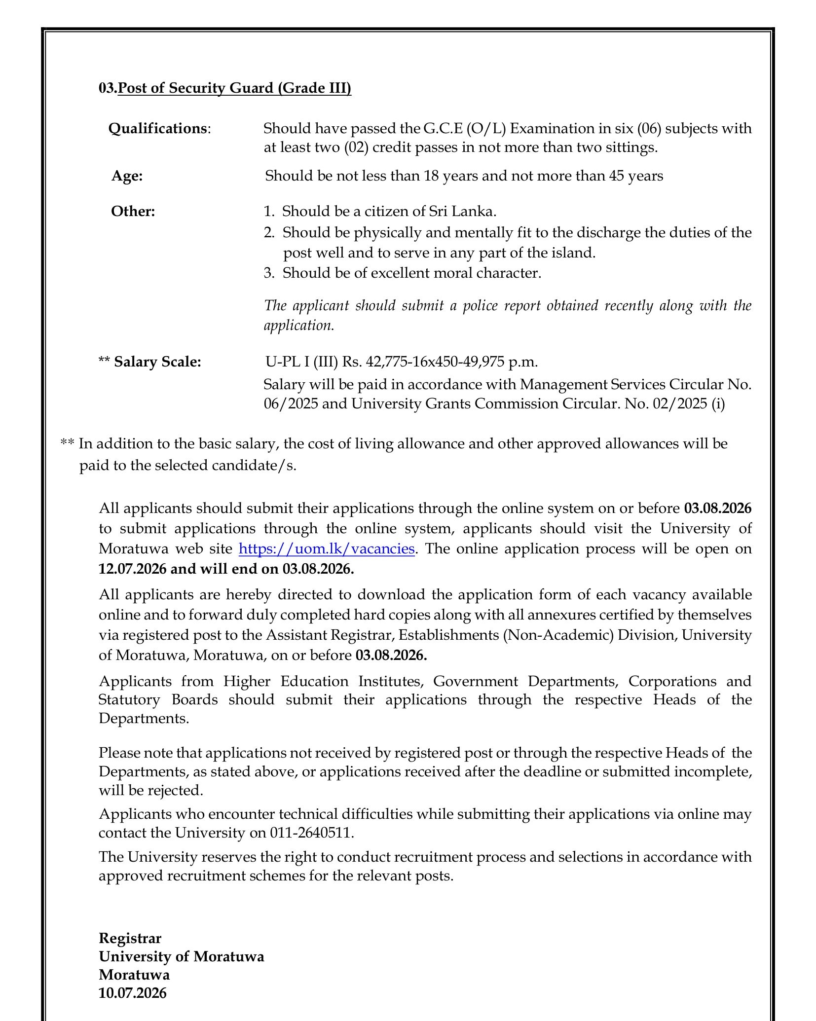Mason, Laboratory Attendant, Security Guard - University of Moratuwa