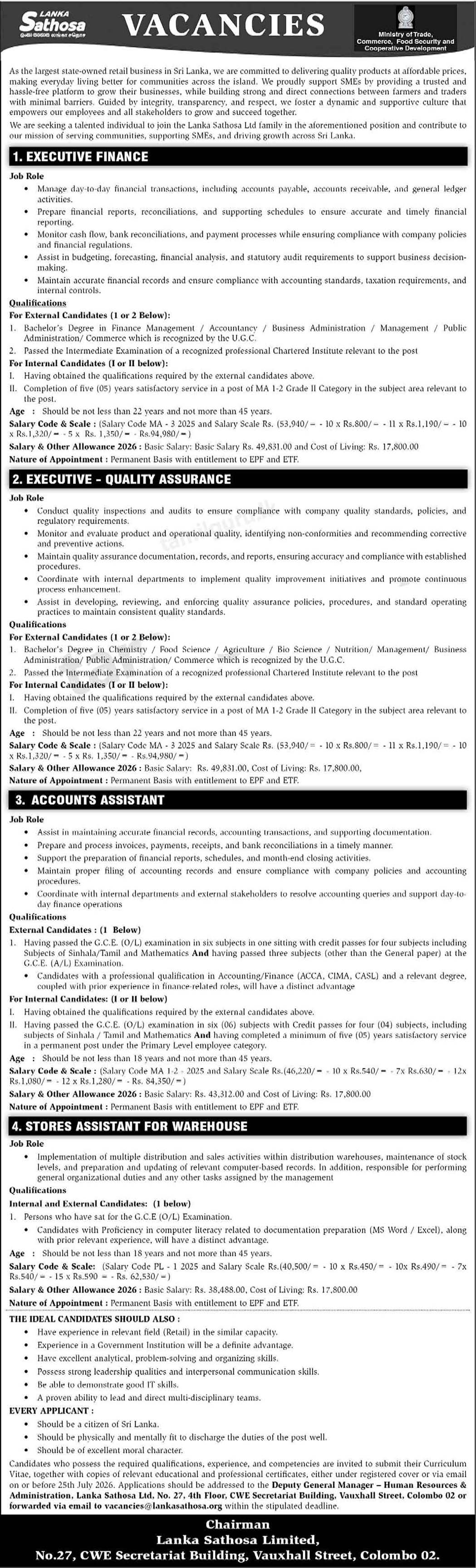 Executive (Finance, Quality Assurance), Accounts Assistant, Stores Assistant - Lanka Sathosa Limited