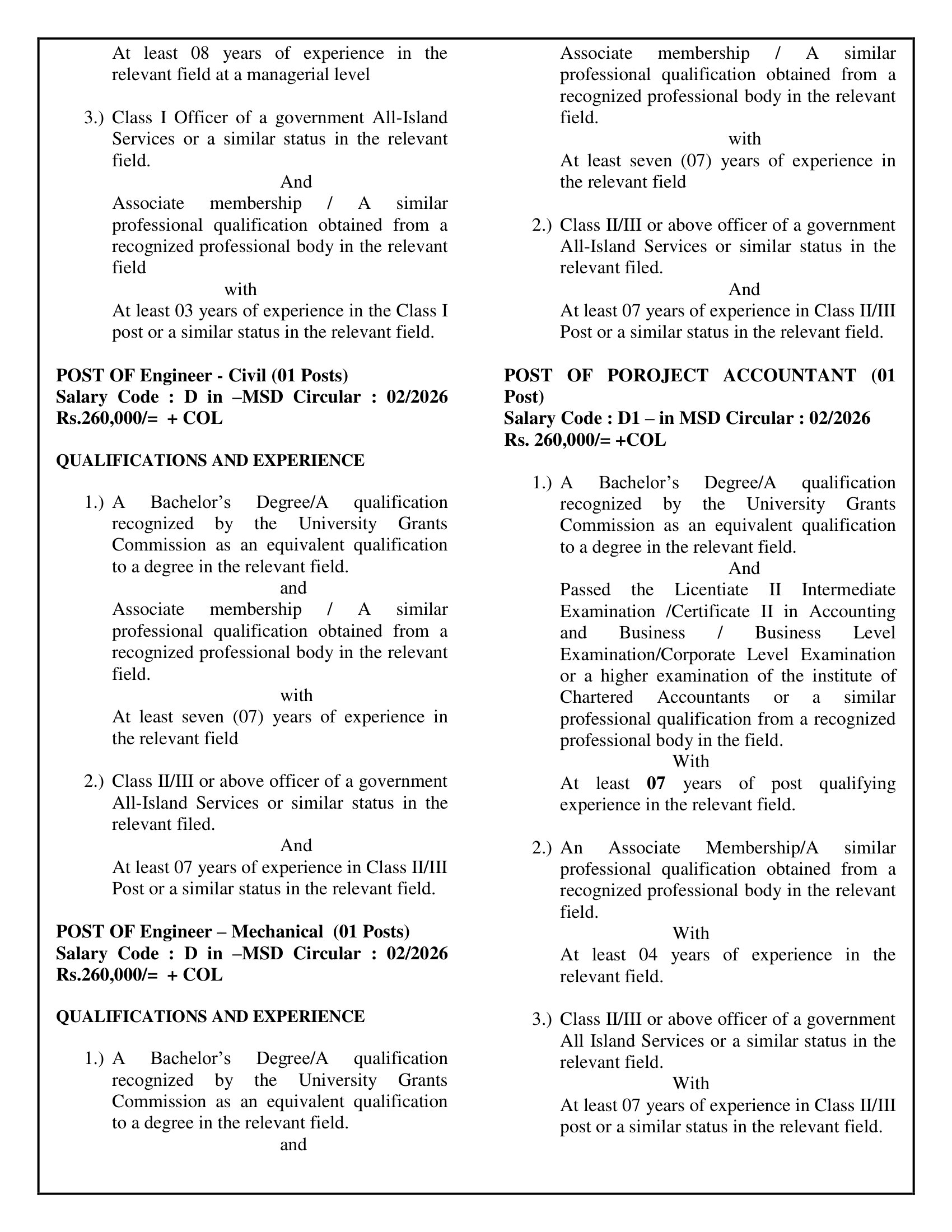 Management Assistant (Accounts), Chief Engineer (Civil, Mechanical), Engineer (Civil, Mechanical), Project Accountant, Quantity Surveyor, Engineering Assistant (Civil), Project Secretary - National Water Supply & Drainage Board