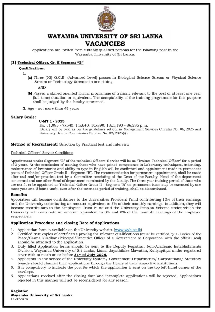 Technical Officer - Wayamba University of Sri Lanka