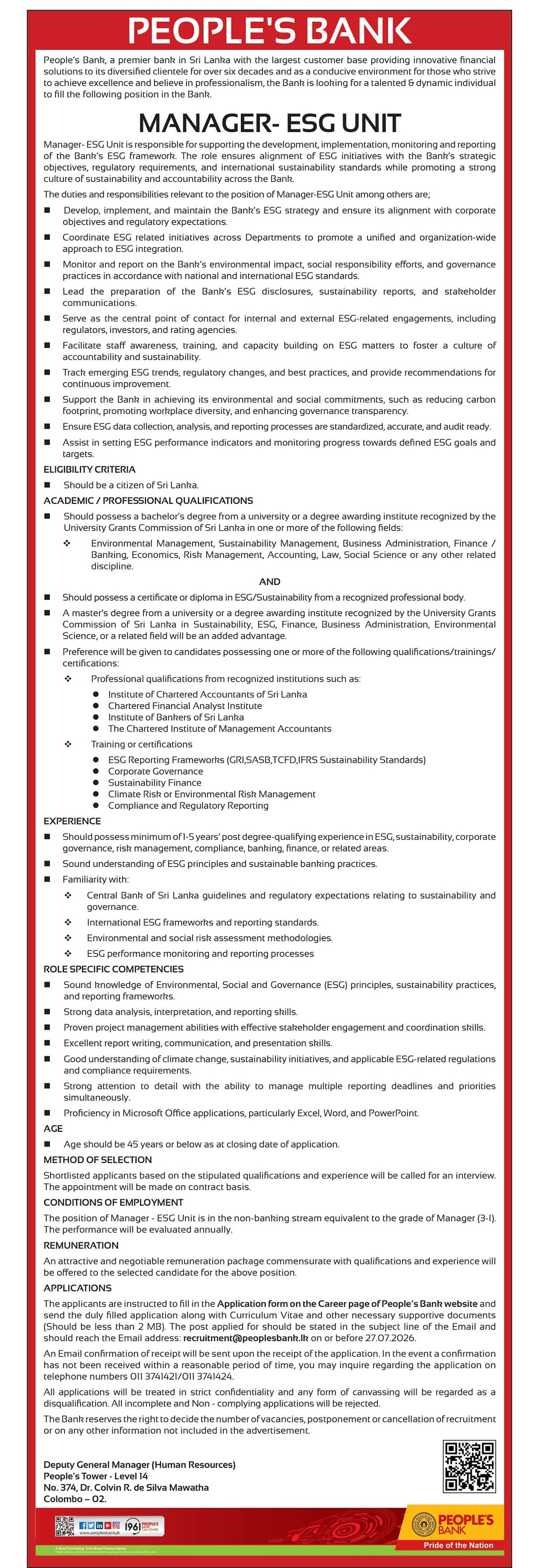 Manager (ESG Unit) - People’s Bank