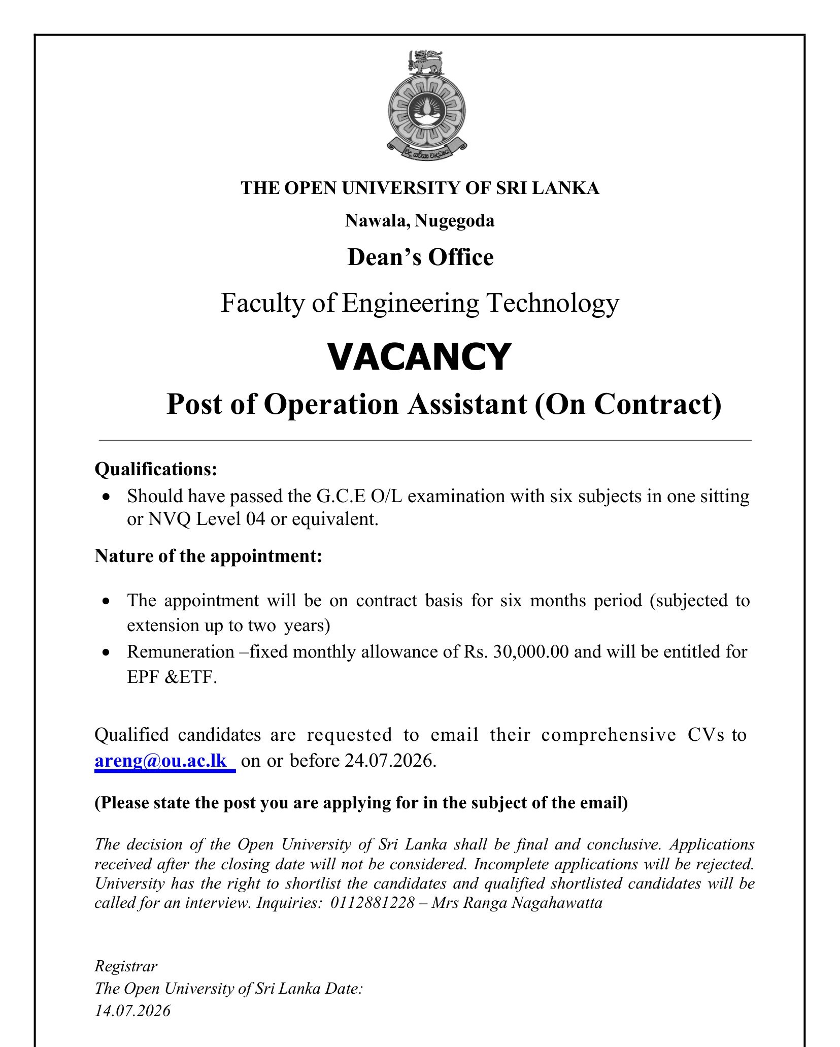 Operation Assistant - The Open University of Sri Lanka