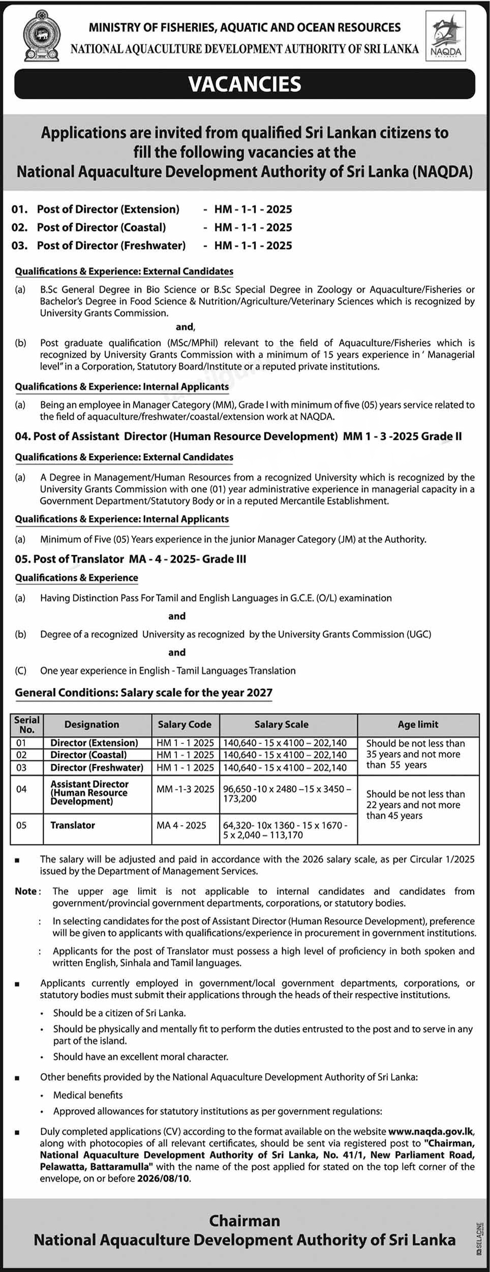 Director (Extension, Coastal, Freshwater), Assistant Director (Human Resource Development), Translator - National Aquaculture Development Authority of Sri Lanka