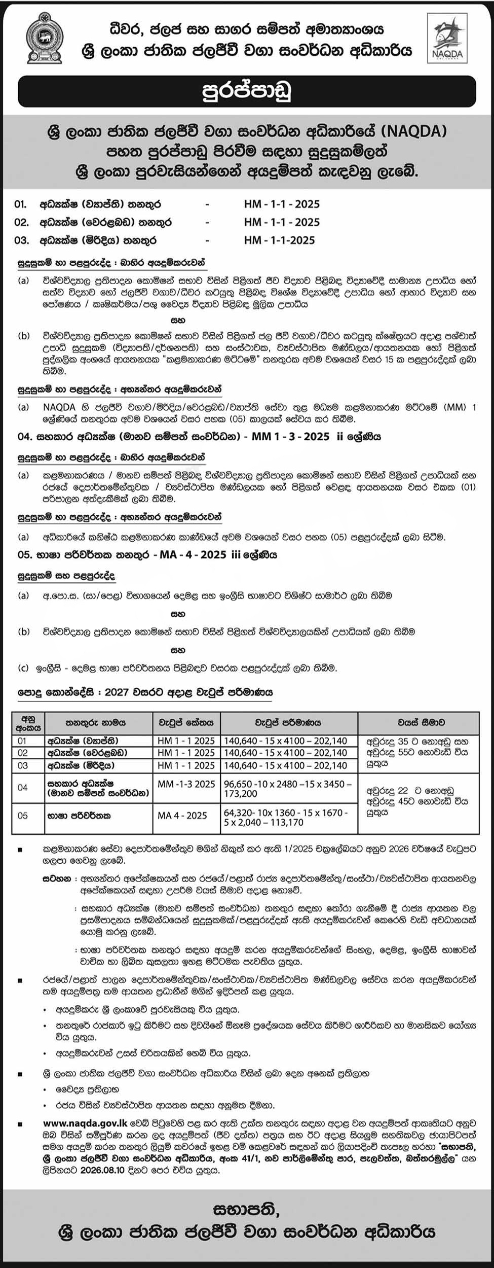 Director (Extension, Coastal, Freshwater), Assistant Director (Human Resource Development), Translator - National Aquaculture Development Authority of Sri Lanka