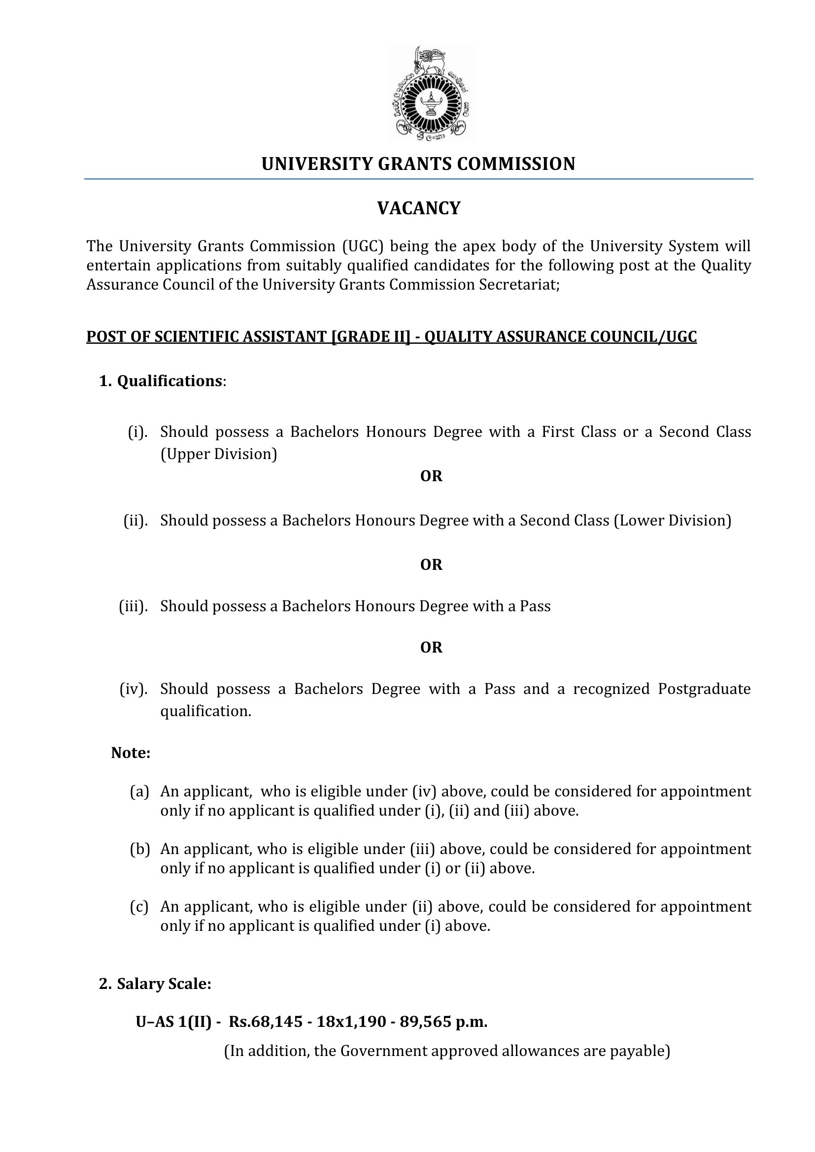 Scientific Assistant - University Grants Commission