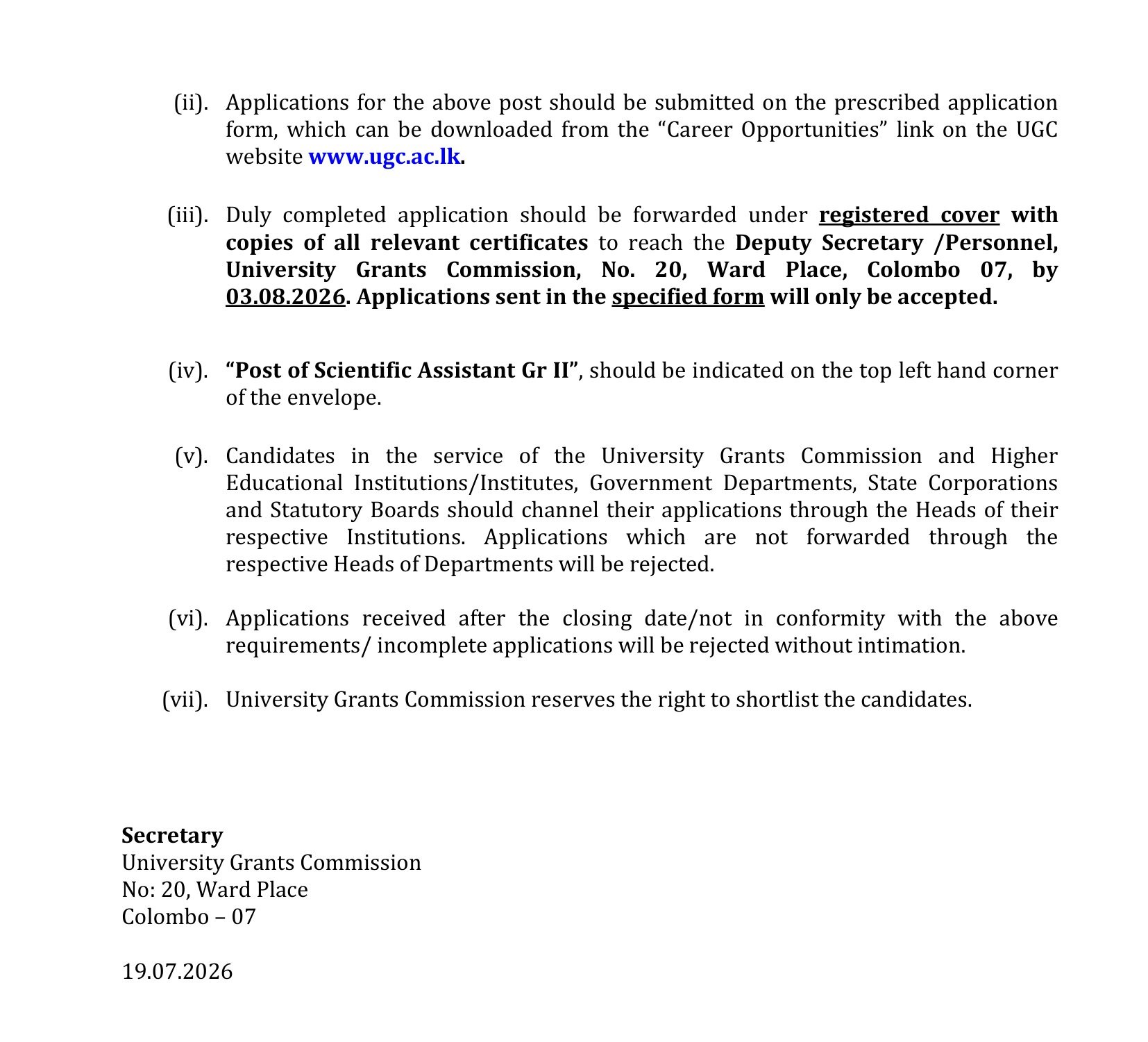 Scientific Assistant - University Grants Commission