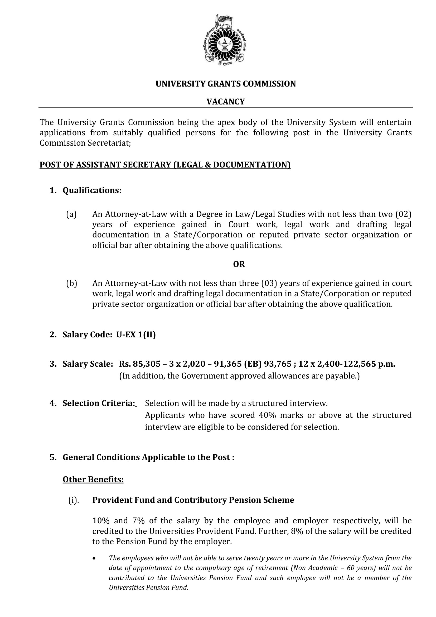 Assistant Secretary (Legal & Documentation) - University Grants Commission