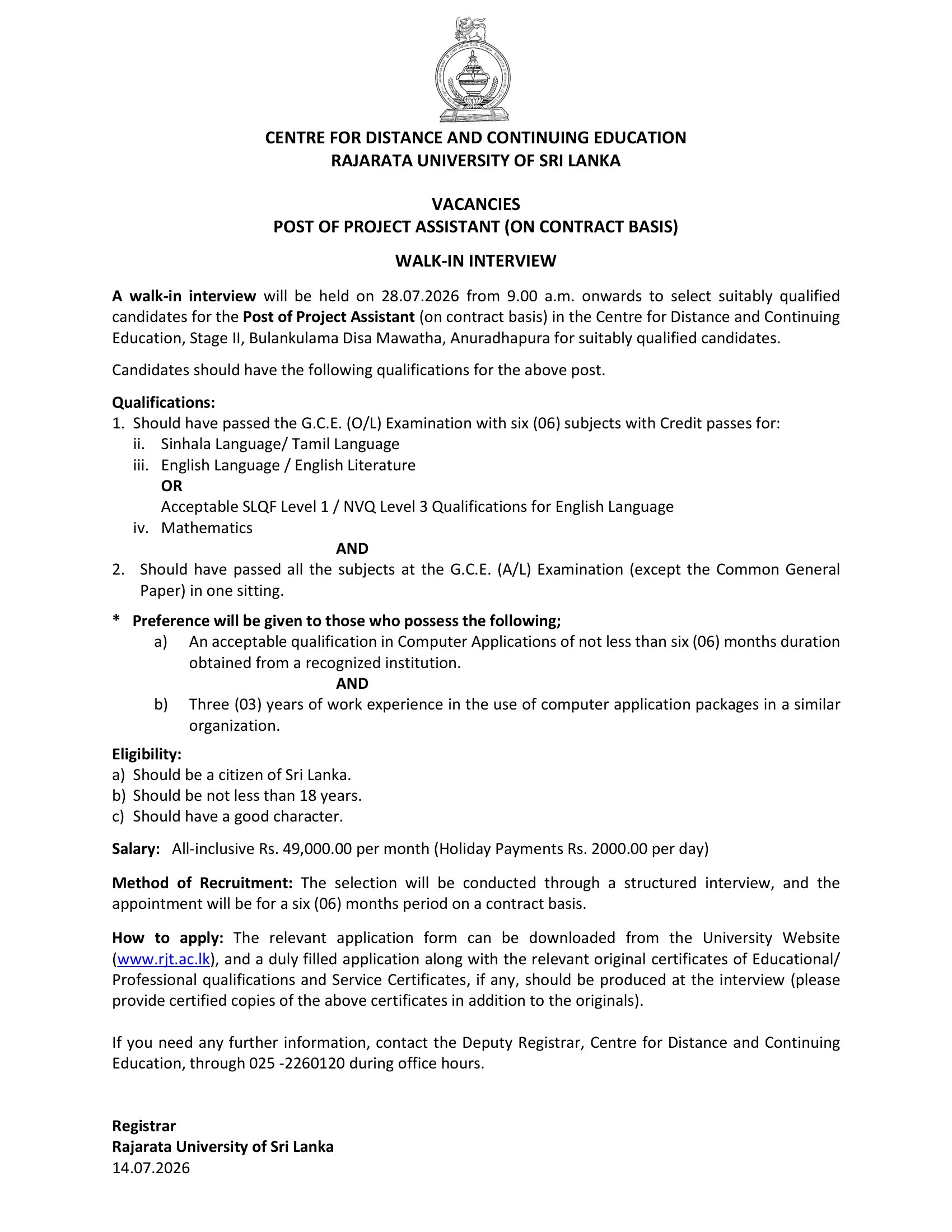 Project Assistant - Rajarata University of Sri Lanka