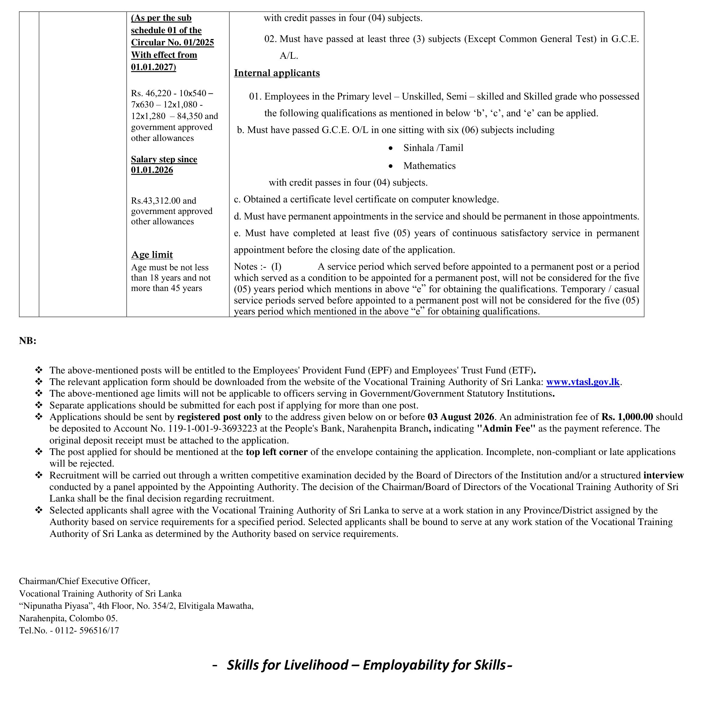 Management Assistant, Director, Assistant Director, Training Officer, Programme Officer, Draughtsman - Vocational Training Authority of Sri Lanka