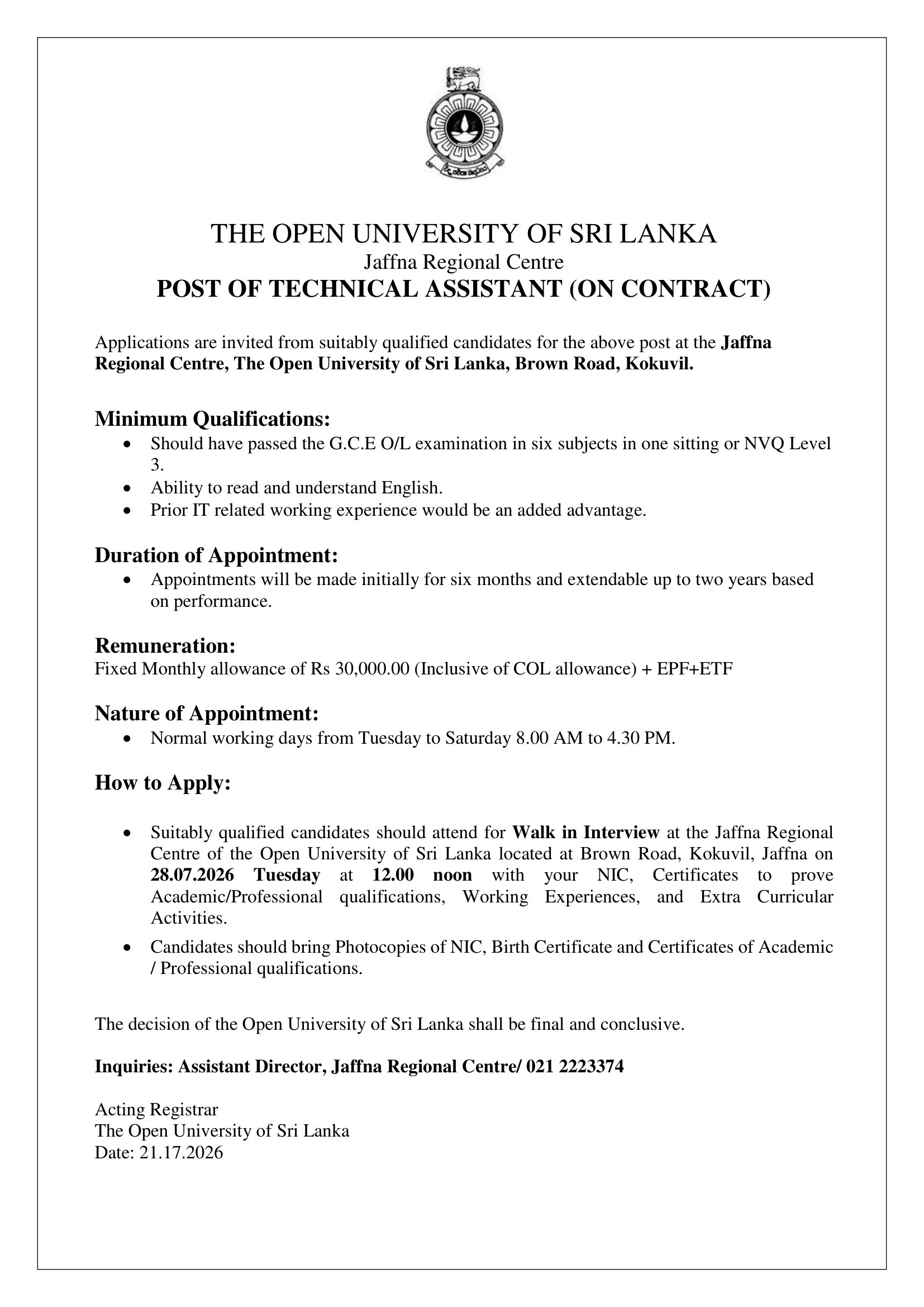Technical Assistant - The Open University of Sri Lanka