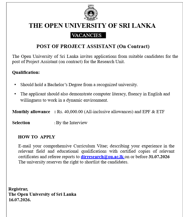 Project Assistant - The Open University of Sri Lanka