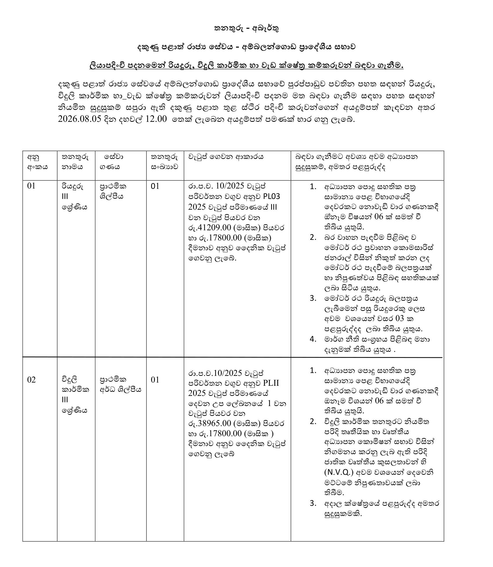 Driver, Electrician, Work Field Labourer - Ambalangoda pradeshiya sabha