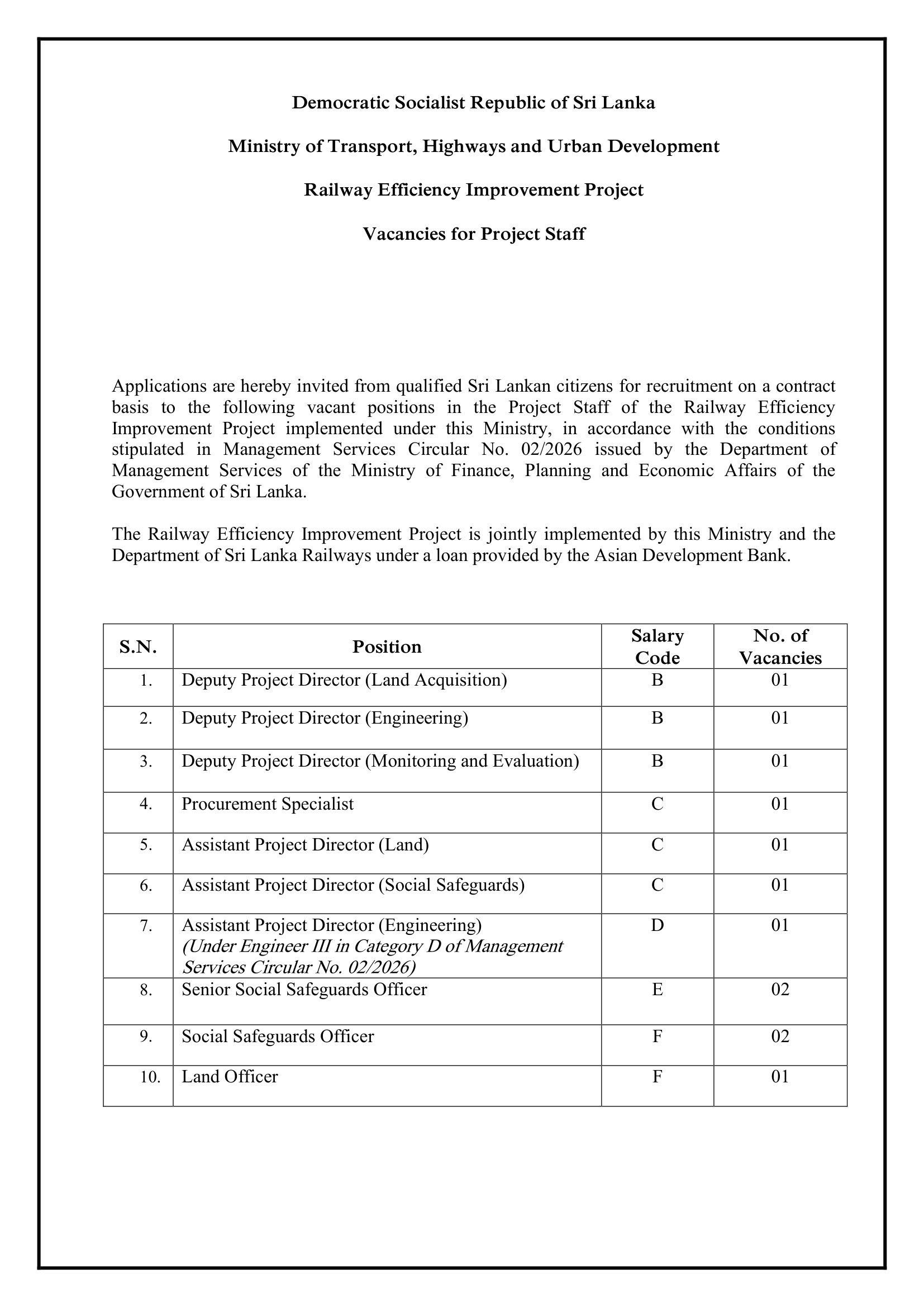 Deputy Project Director, Procurement Specialist, Assistant Project Director, Senior Social Safeguards Officer, Social Safeguards Officer, Land Officer - Ministry of Transport, Highways & Urban Development