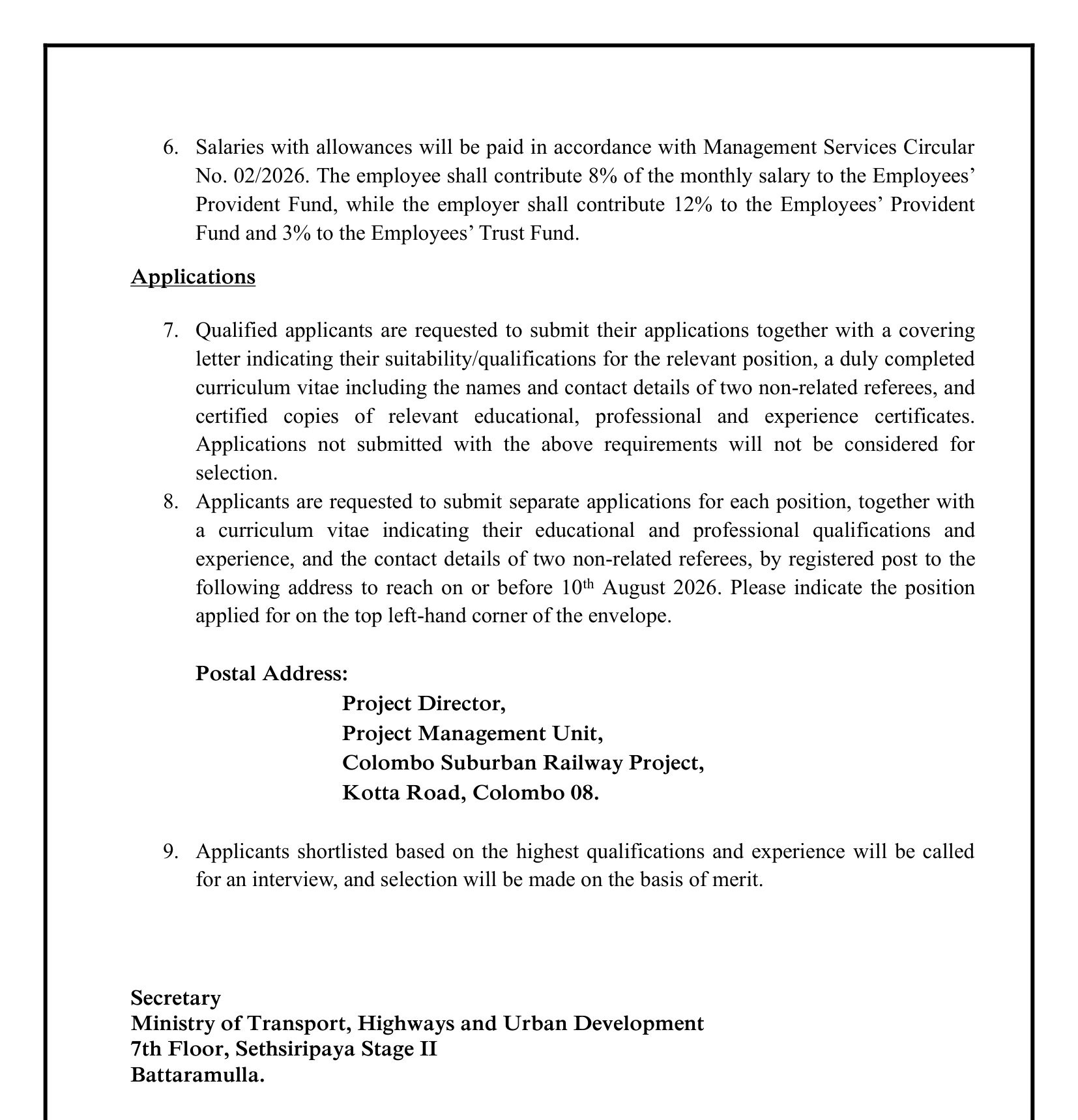 Deputy Project Director, Procurement Specialist, Assistant Project Director, Senior Social Safeguards Officer, Social Safeguards Officer, Land Officer - Ministry of Transport, Highways & Urban Development
