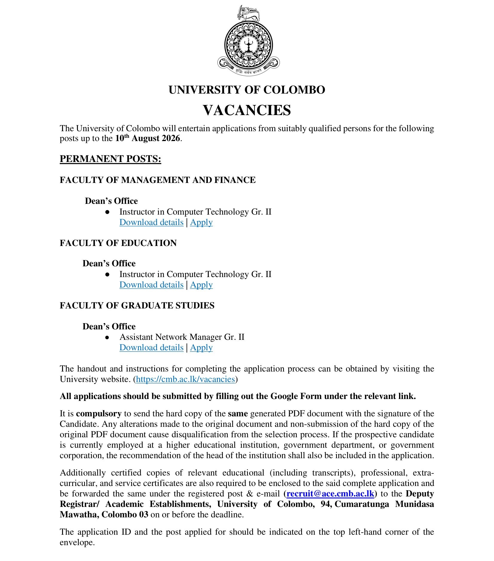 Instructor, Assistant Network Manager - University of Colombo