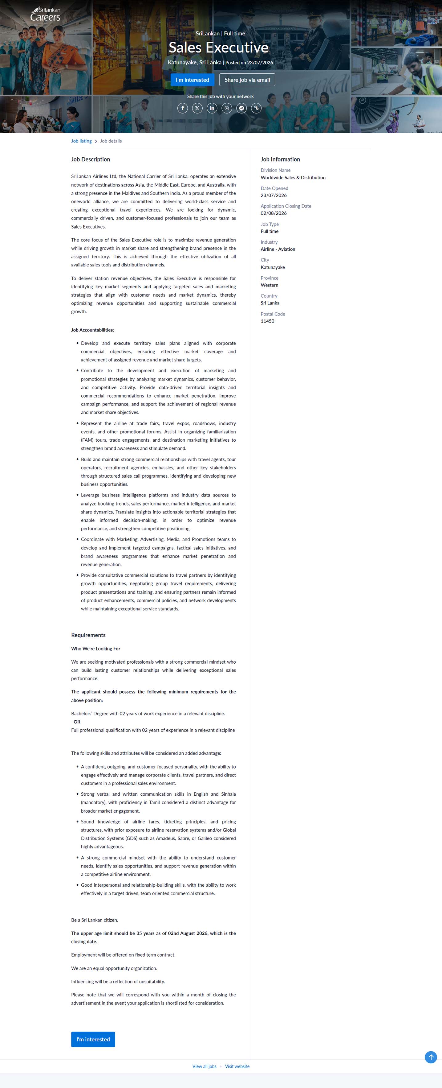 Sales Executive - SriLankan Airlines Limited