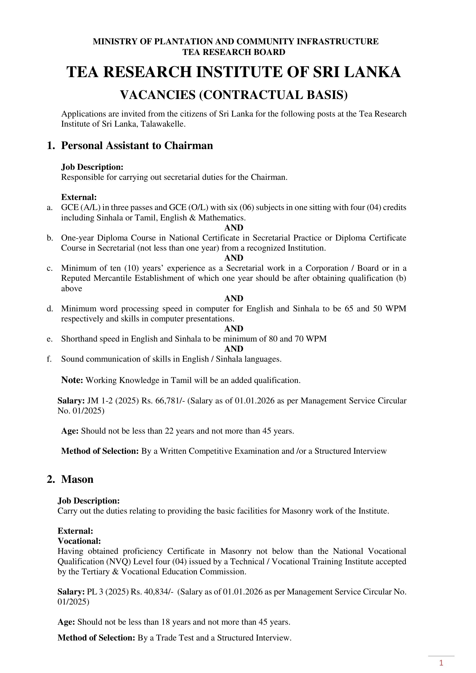 Personal Assistant to Chairman, Mason, Carpenter, Motor Mechanic, Plumber, Electrician, Telephone Linesman, Electrical Linesman - Tea Research Institute of Sri Lanka