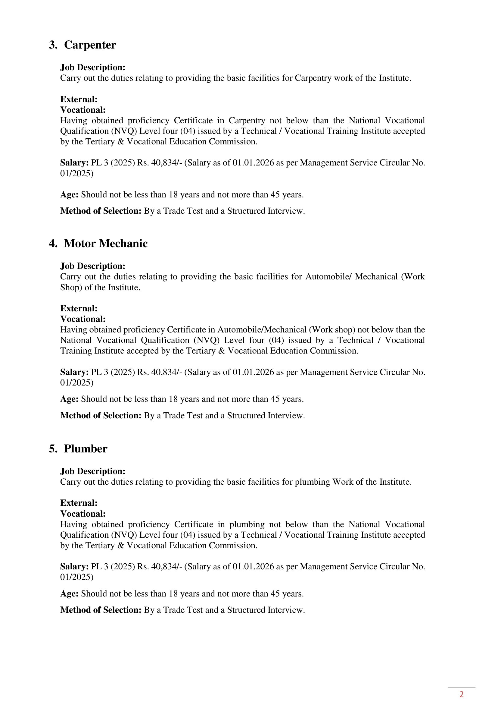 Personal Assistant to Chairman, Mason, Carpenter, Motor Mechanic, Plumber, Electrician, Telephone Linesman, Electrical Linesman - Tea Research Institute of Sri Lanka