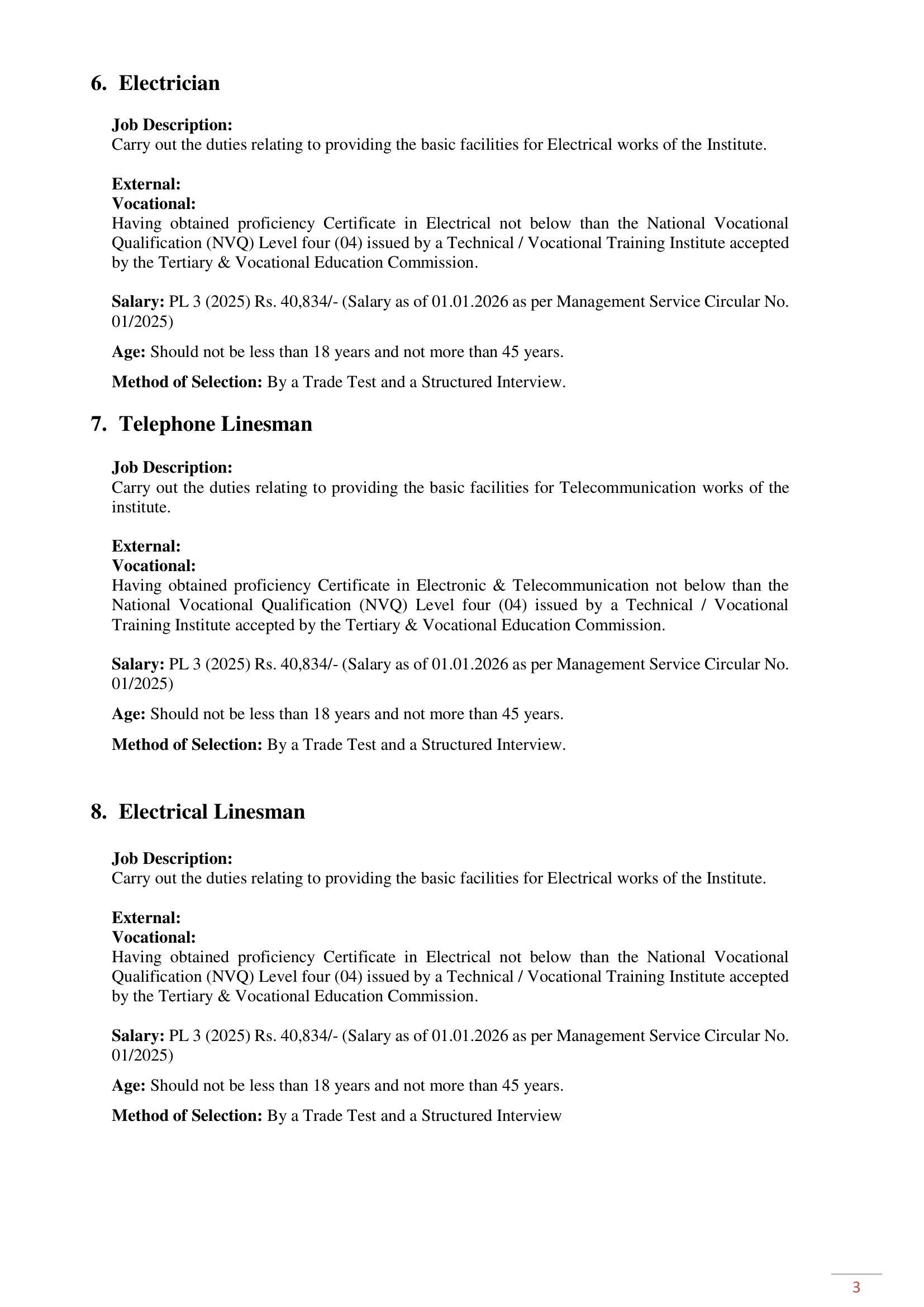 Personal Assistant to Chairman, Mason, Carpenter, Motor Mechanic, Plumber, Electrician, Telephone Linesman, Electrical Linesman - Tea Research Institute of Sri Lanka